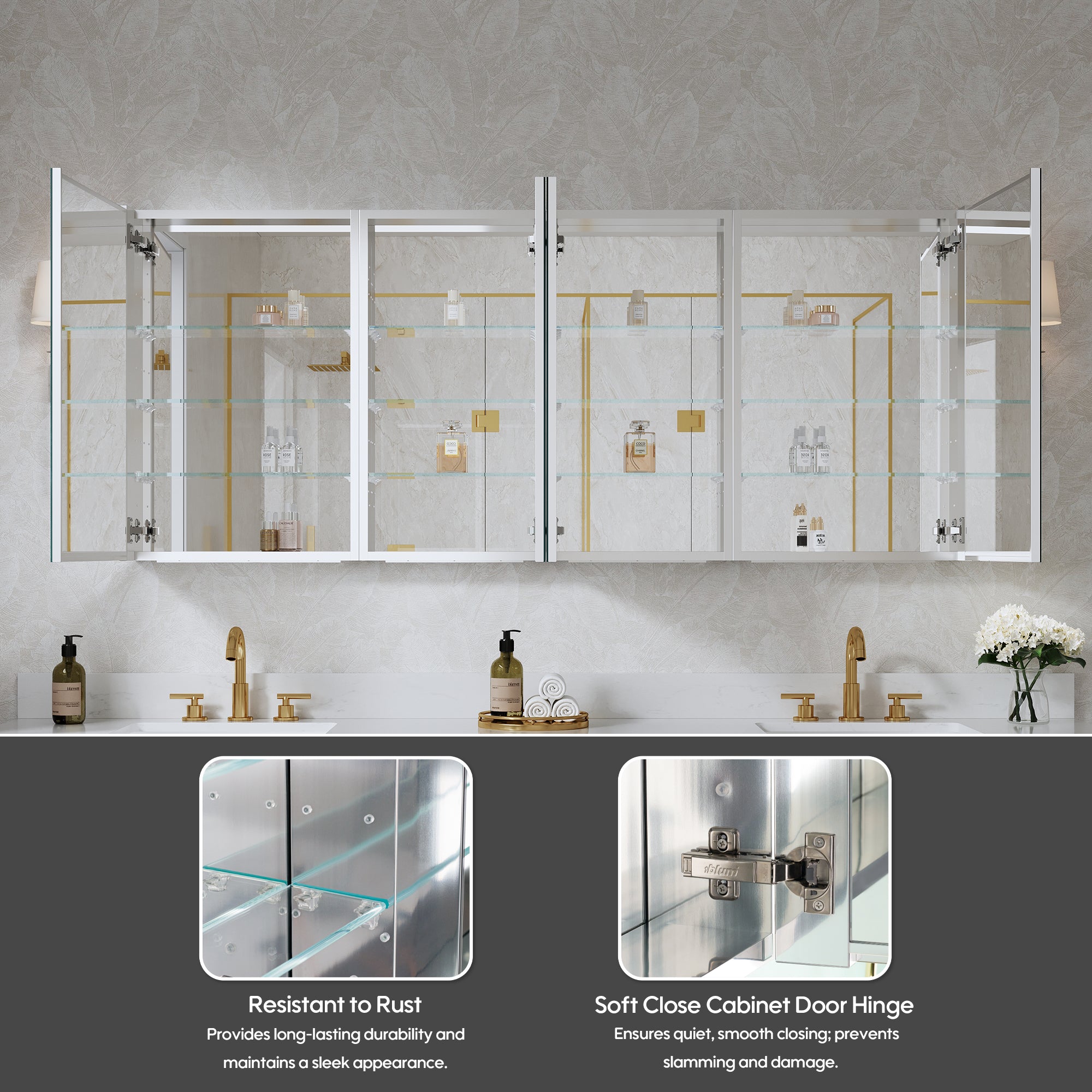 72 in. ×30 in. Copper-Free Tri-Views Mirror Medicine Cabinet with Adjustable Shelves and 4 Swing Doors