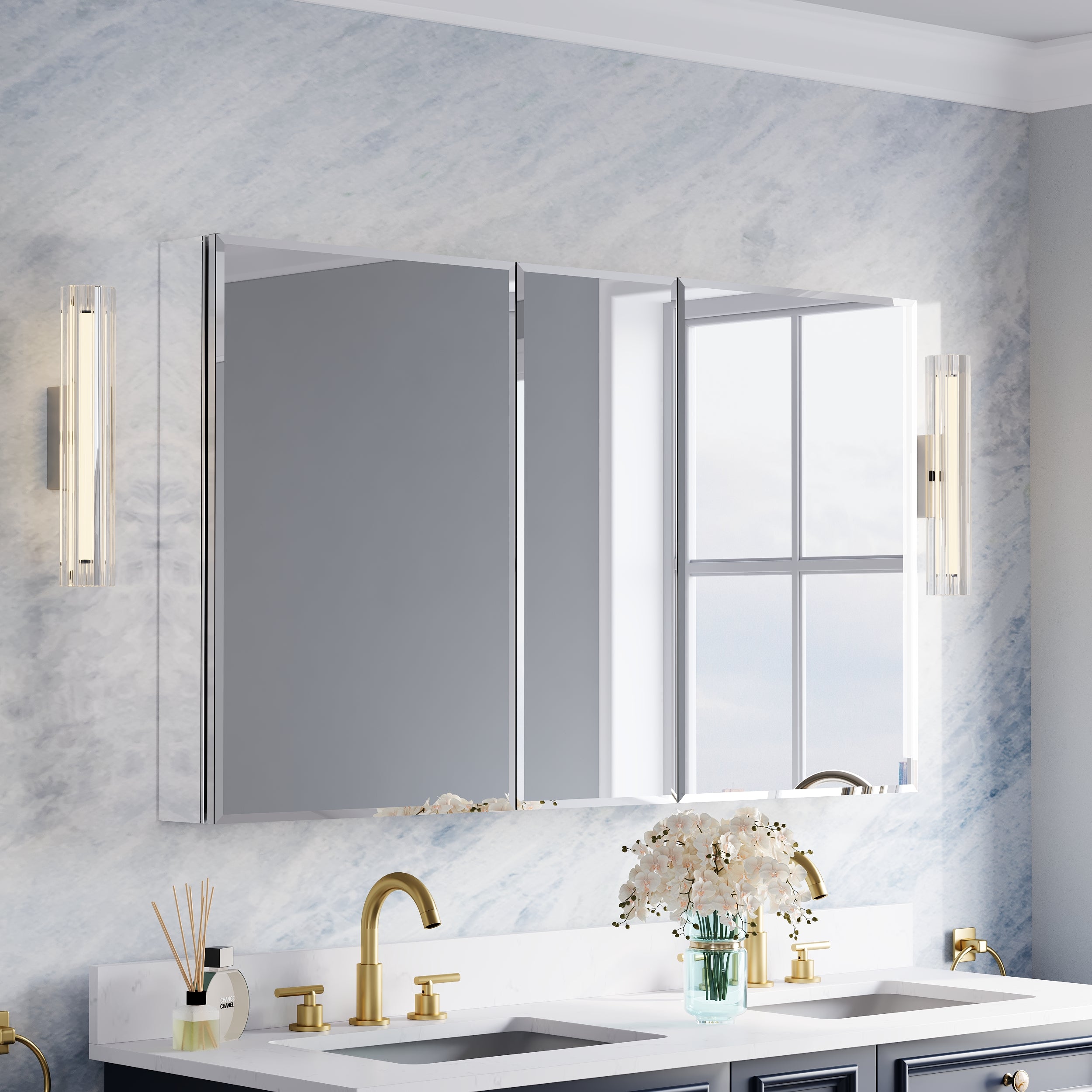 52 in.×30 in.H Copper-Free Mirror Medicine Cabinet with Beveled Mirror Door, Recessed or Surface Mount, Adjustable Shelves