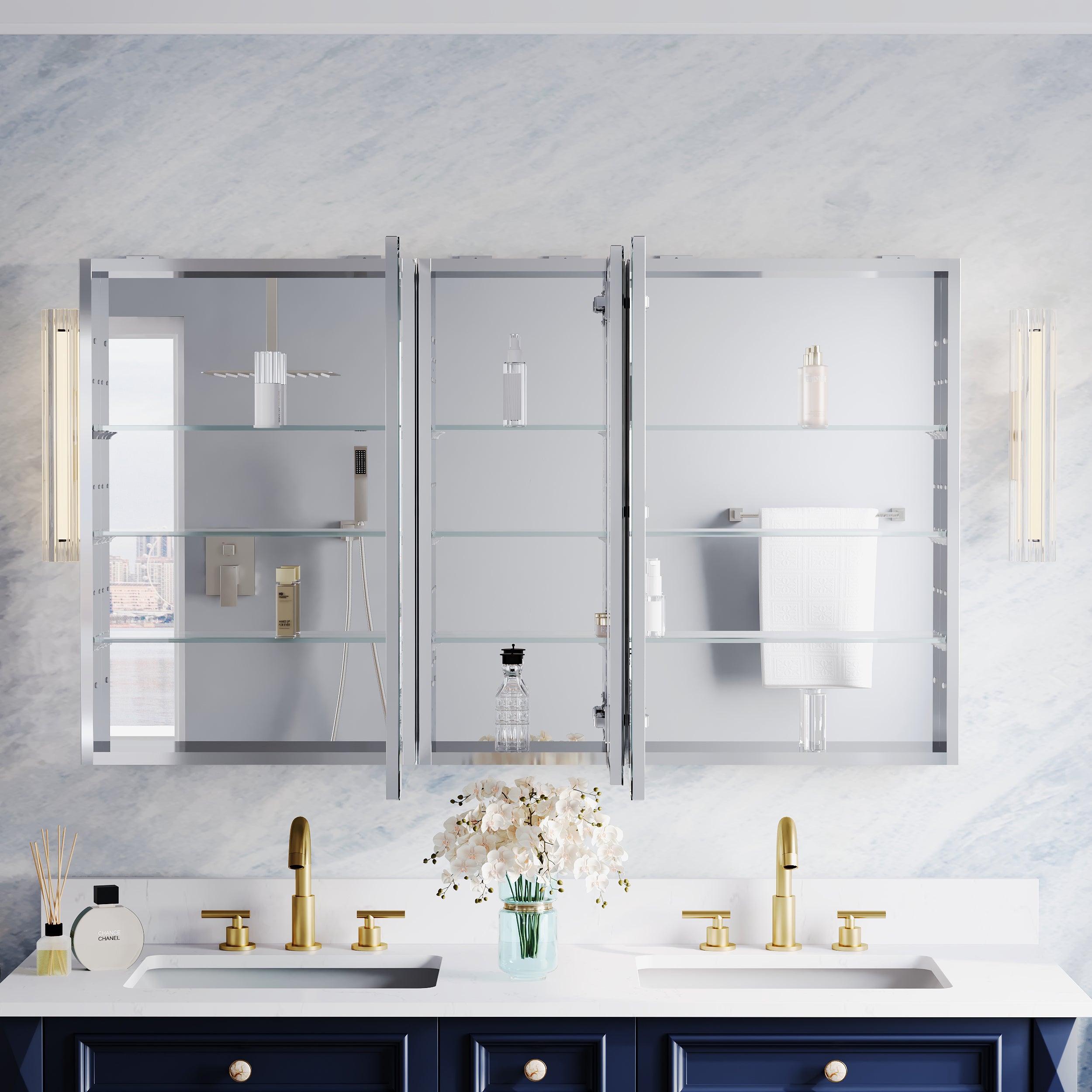 52 in.×30 in.H Copper-Free Mirror Medicine Cabinet with Beveled Mirror Door, Recessed or Surface Mount, Adjustable Shelves
