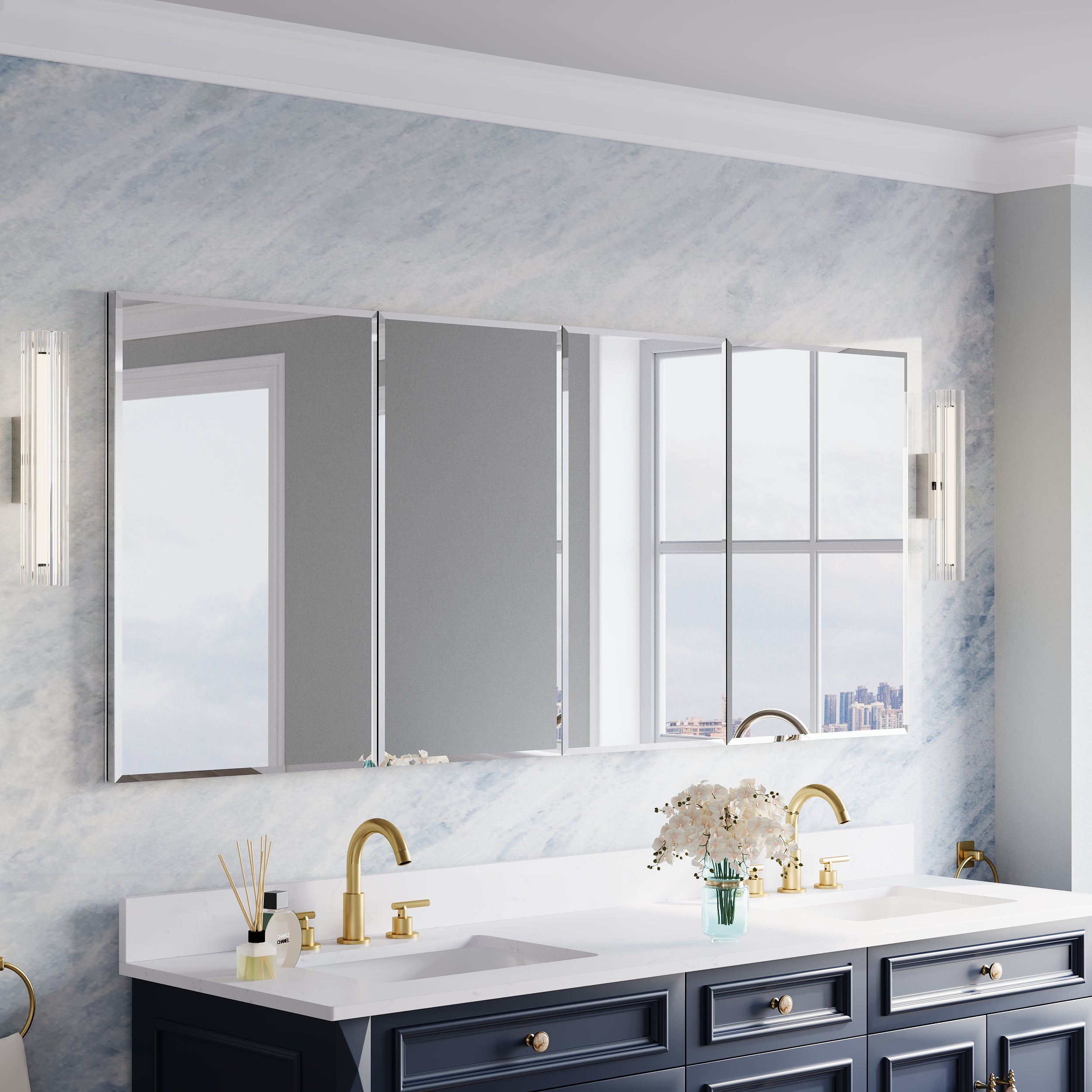 72 in.×30 in.H Aluminum Copper-Free Mirror Medicine Cabinet with Beveled Mirror Door, Recessed or Surface Mount, Adjustable Shelves