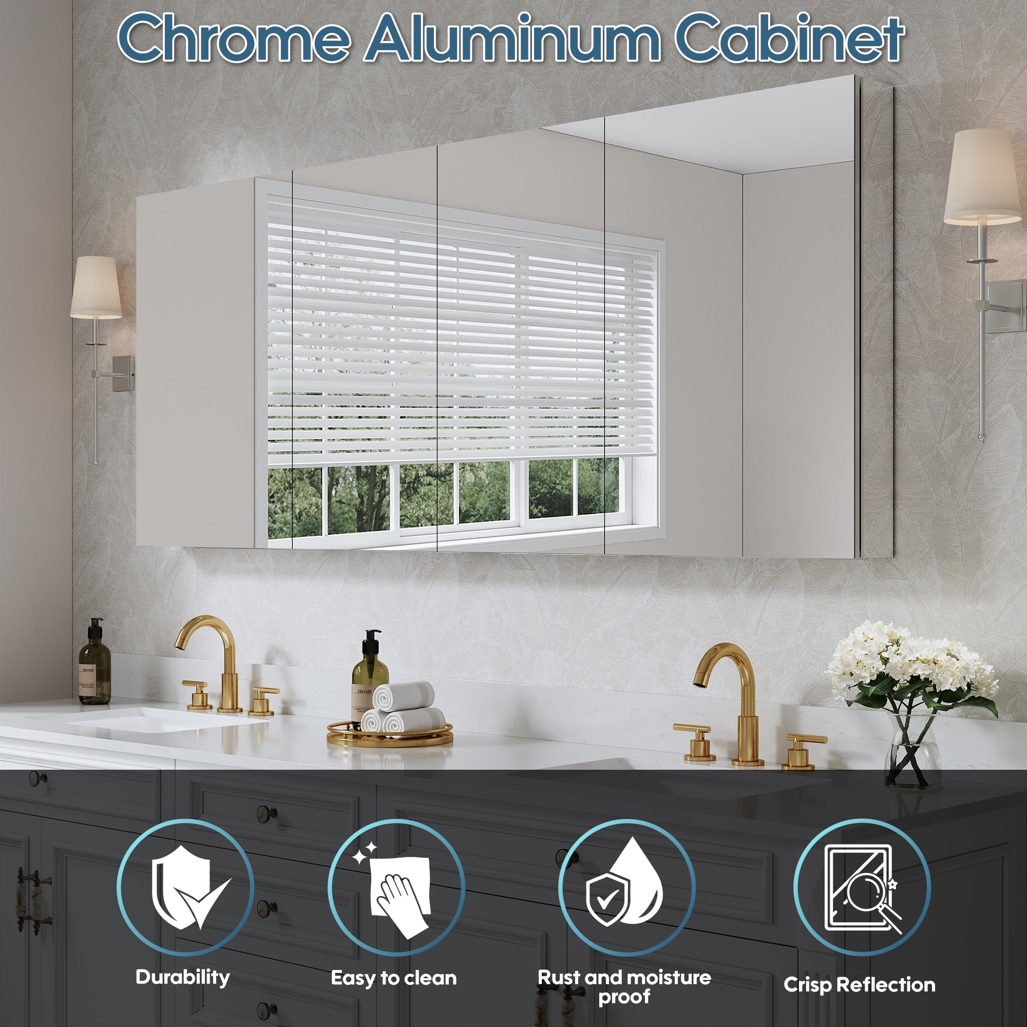 72 in. ×30 in. Copper-Free Tri-Views Mirror Medicine Cabinet with Adjustable Shelves and 4 Swing Doors
