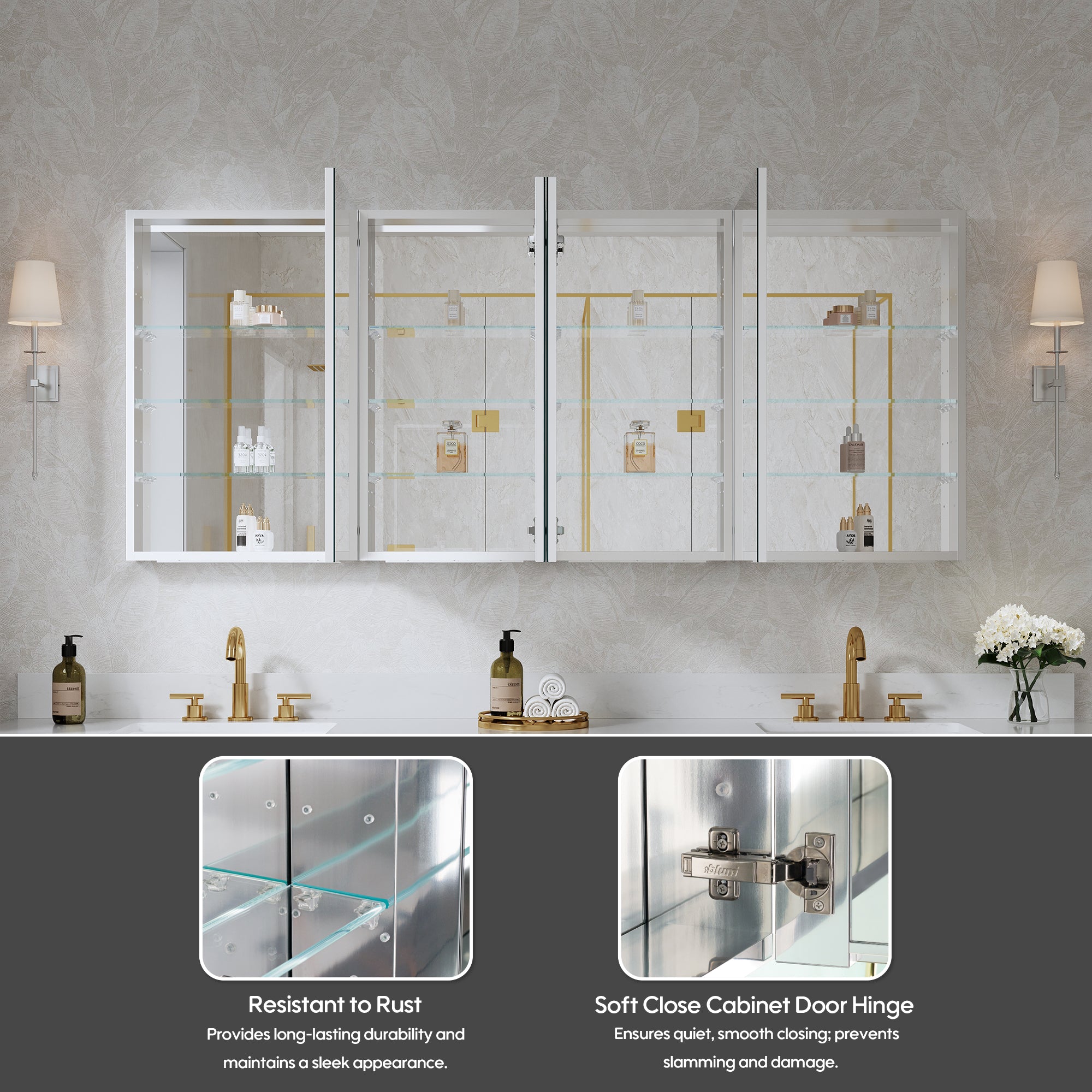 72 in. ×30 in. Copper-Free Tri-Views Mirror Medicine Cabinet with Adjustable Shelves and 4 Swing Doors