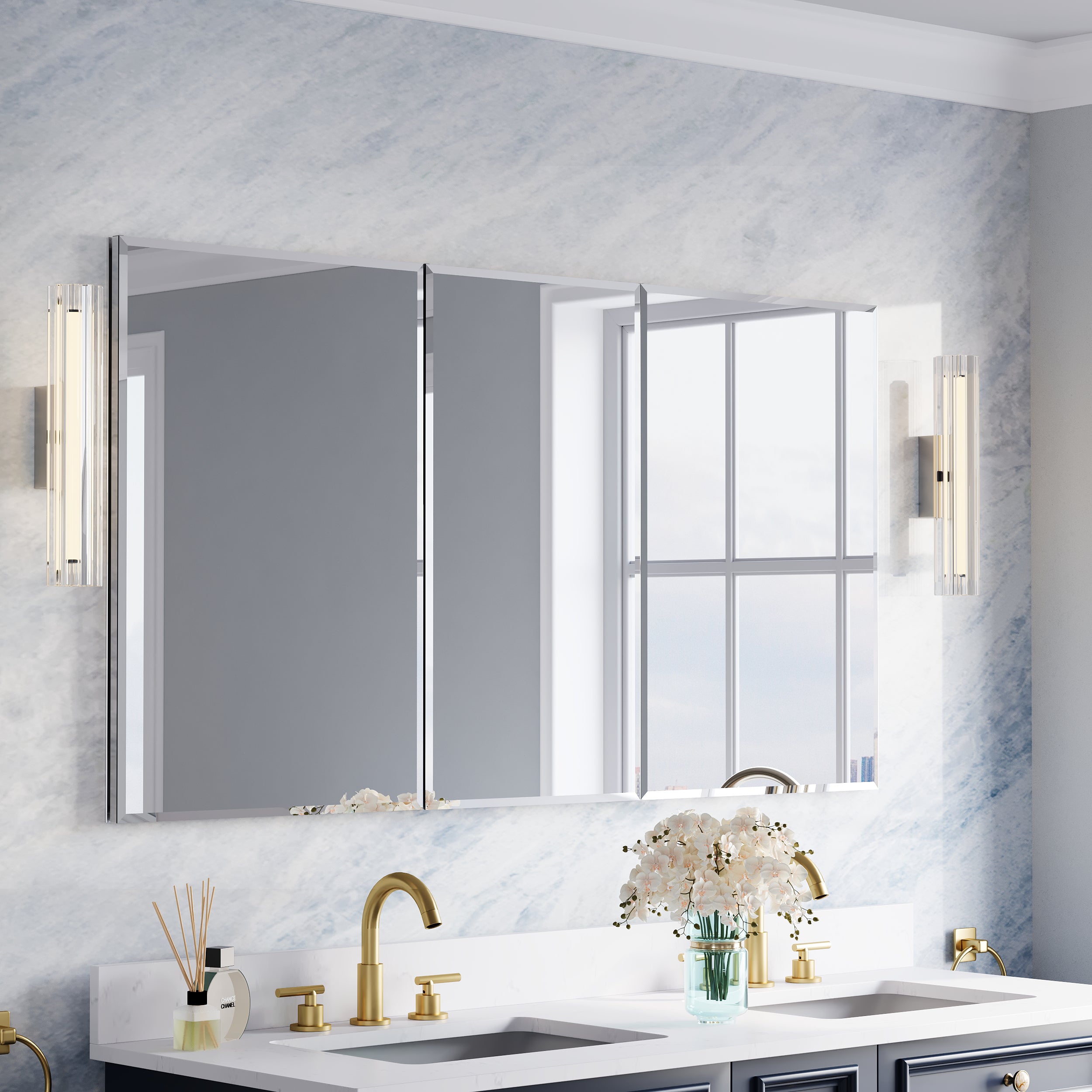 56 in.×30 in.H Aluminum Copper-Free Mirror Medicine Cabinet with Beveled Mirror Door, Recessed or Surface Mount, Adjustable Shelves