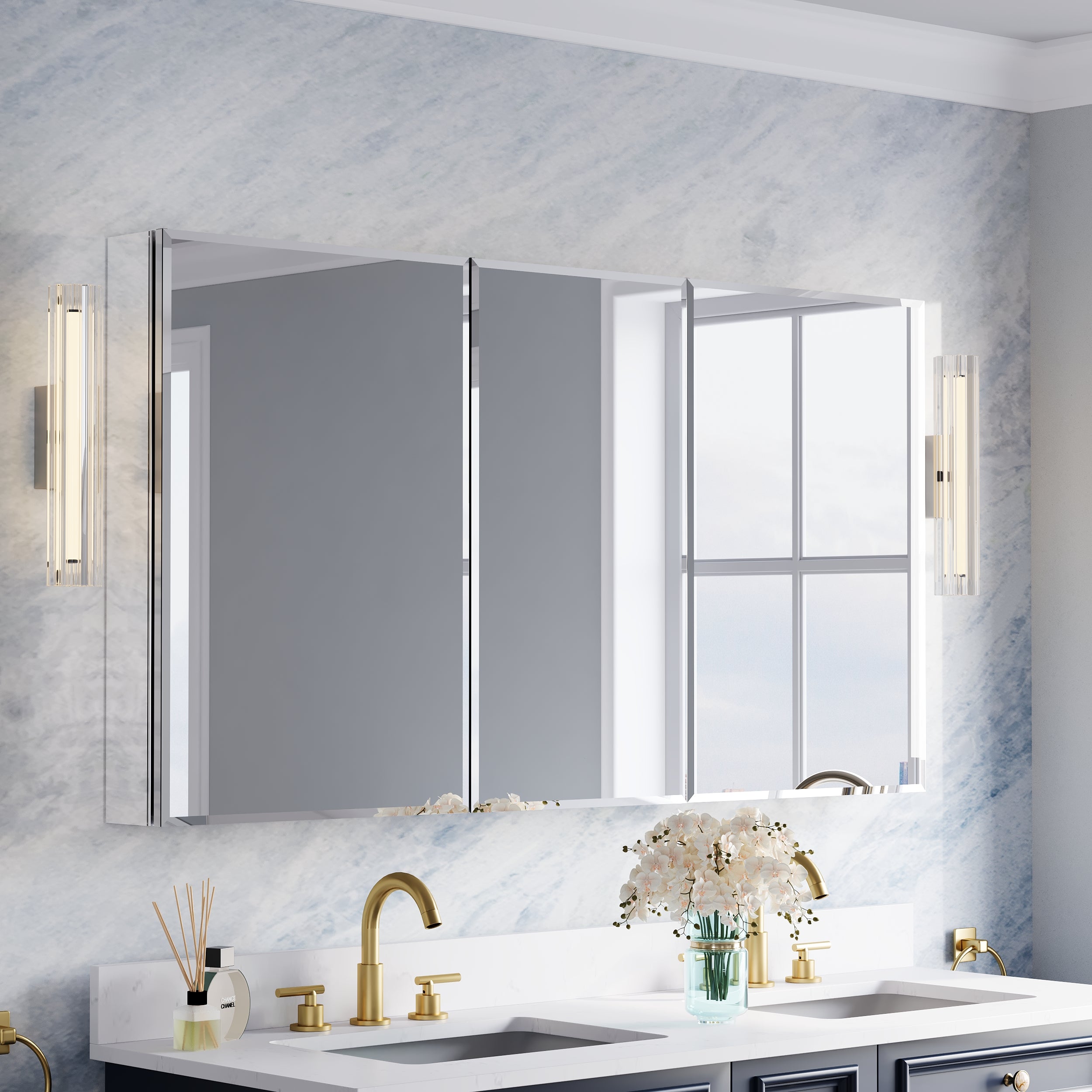 56 in.×30 in.H Aluminum Copper-Free Mirror Medicine Cabinet with Beveled Mirror Door, Recessed or Surface Mount, Adjustable Shelves