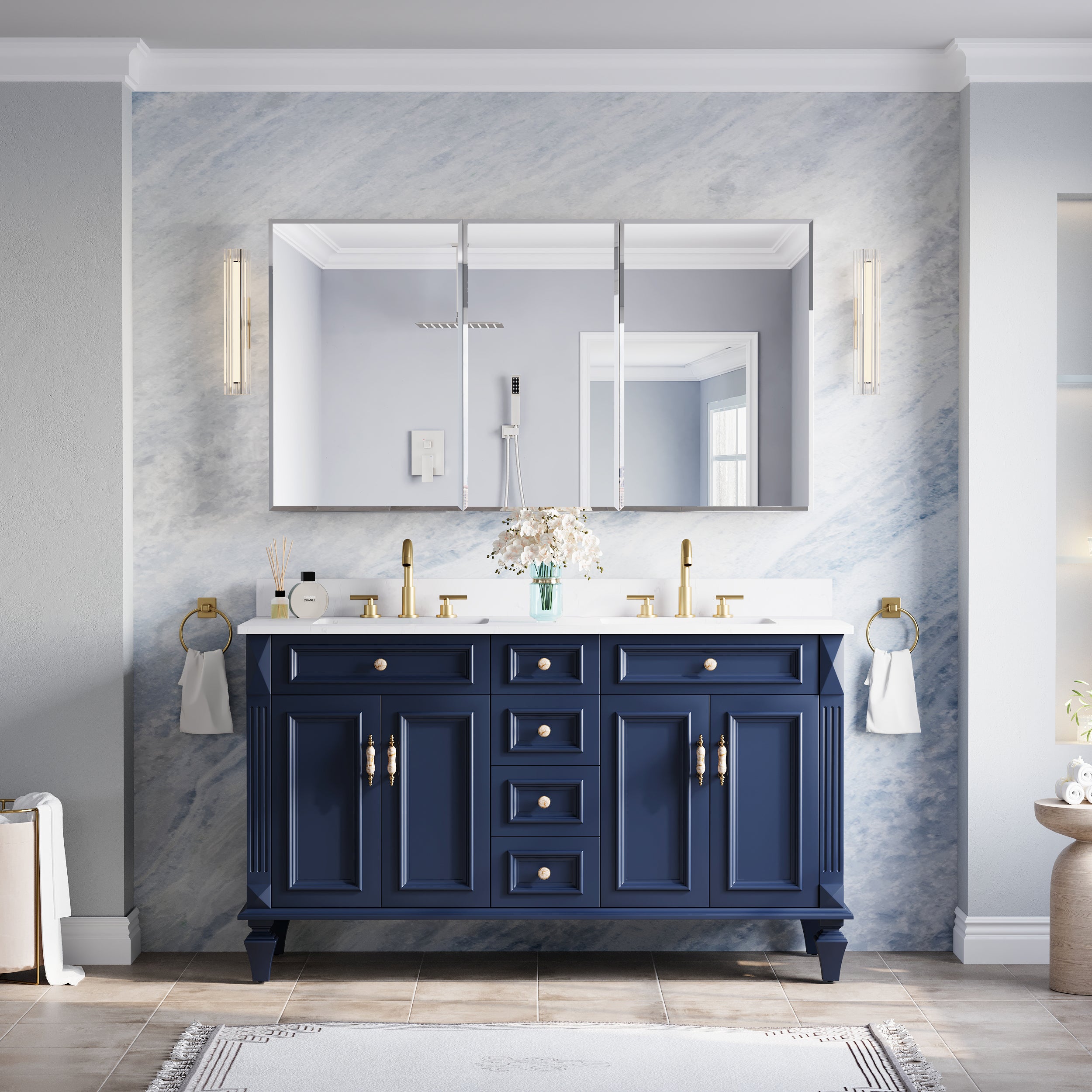 56 in.×30 in.H Aluminum Copper-Free Mirror Medicine Cabinet with Beveled Mirror Door, Recessed or Surface Mount, Adjustable Shelves