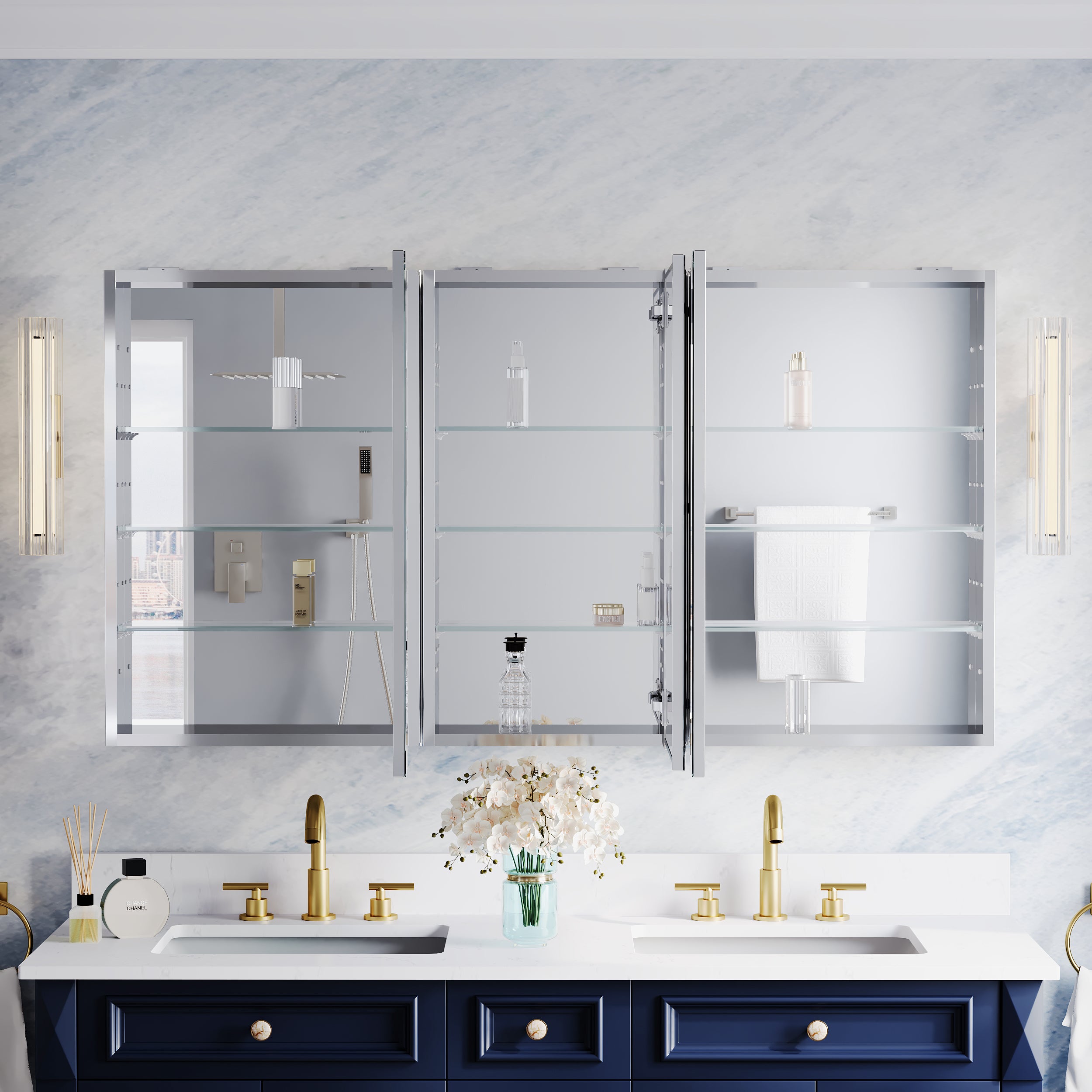 56 in.×30 in.H Aluminum Copper-Free Mirror Medicine Cabinet with Beveled Mirror Door, Recessed or Surface Mount, Adjustable Shelves