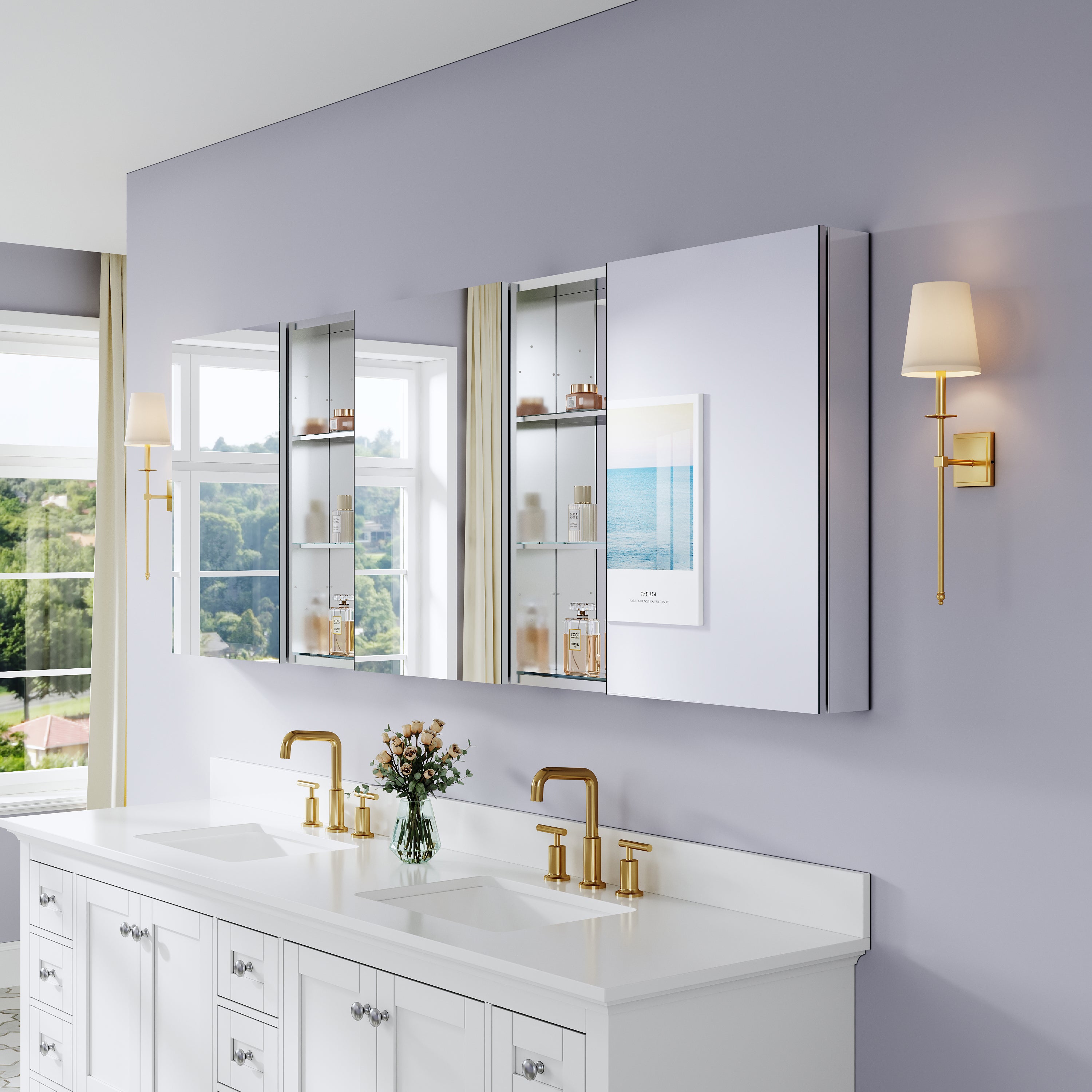 84 in. ×30 in. Bathroom Medicine Cabinet Set with Copper-Free Tri-View Mirror and Open Side Cabinet, Recessed or Surface Mount