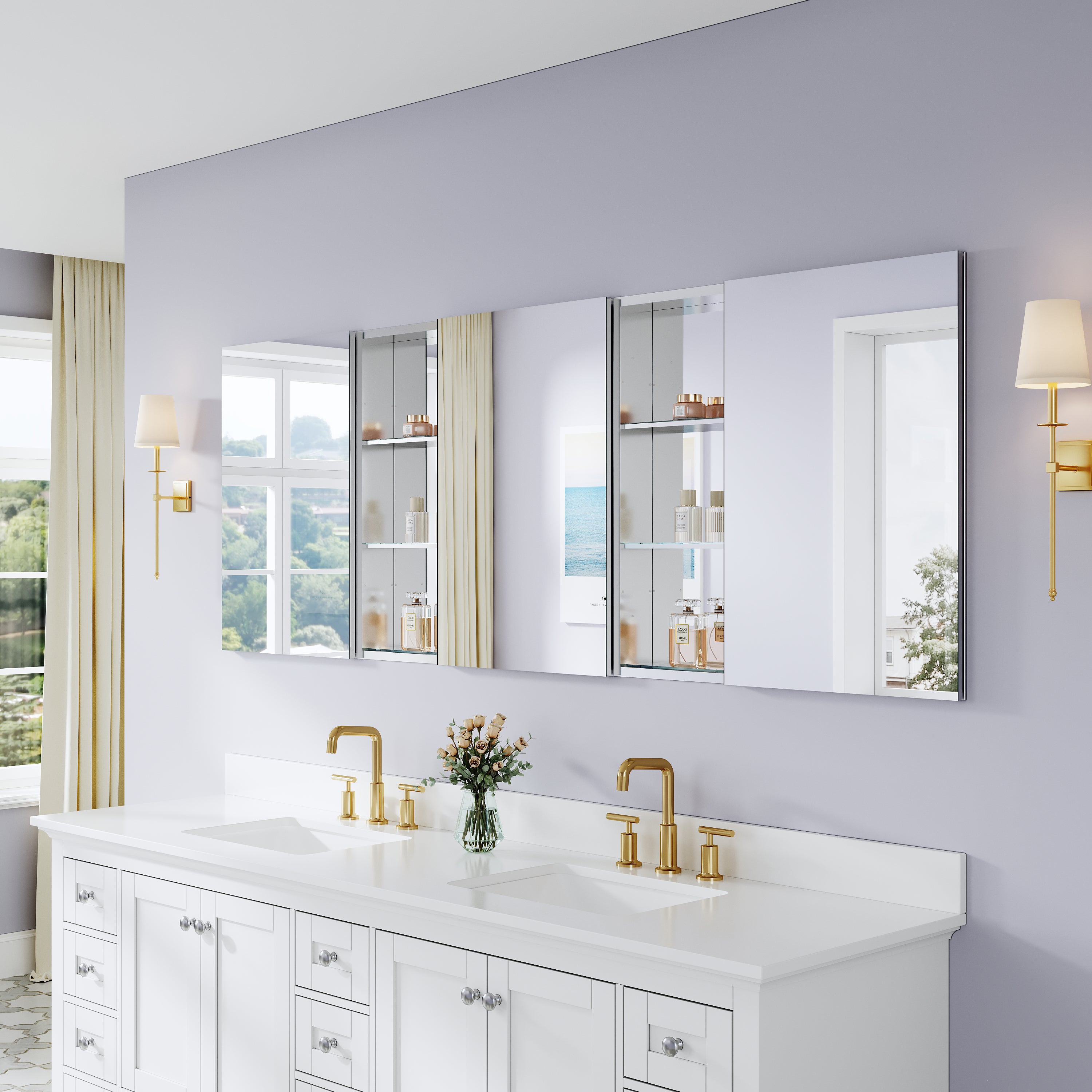 84 in. ×30 in. Bathroom Medicine Cabinet Set with Copper-Free Tri-View Mirror and Open Side Cabinet, Recessed or Surface Mount