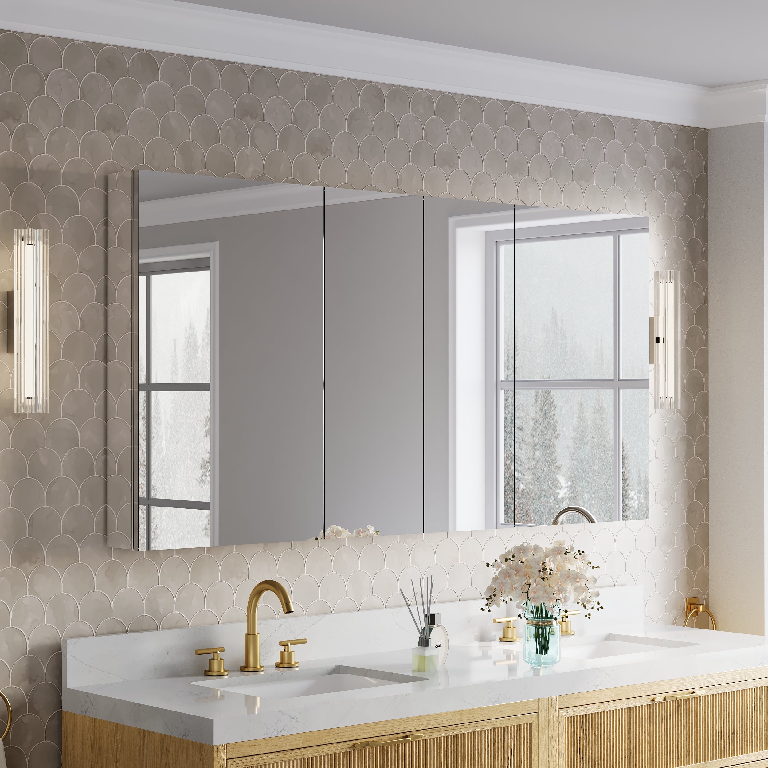 64 in.×32 in.H Copper-Free Mirror Medicine Cabinet with Soft-Close Blum® Hinges and 4 Doors