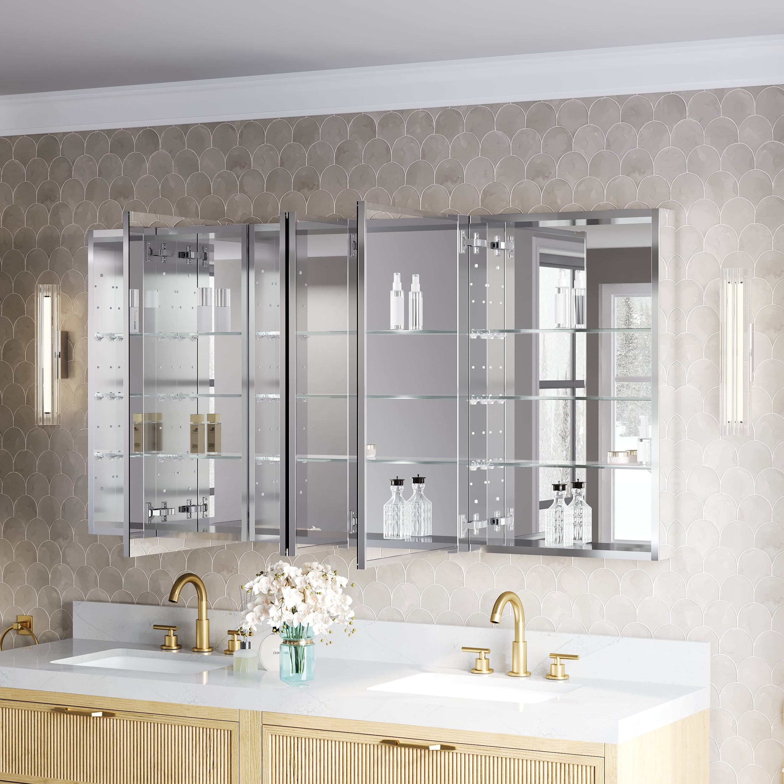 64 in.×32 in.H Copper-Free Mirror Medicine Cabinet with Soft-Close Blum® Hinges and 4 Doors