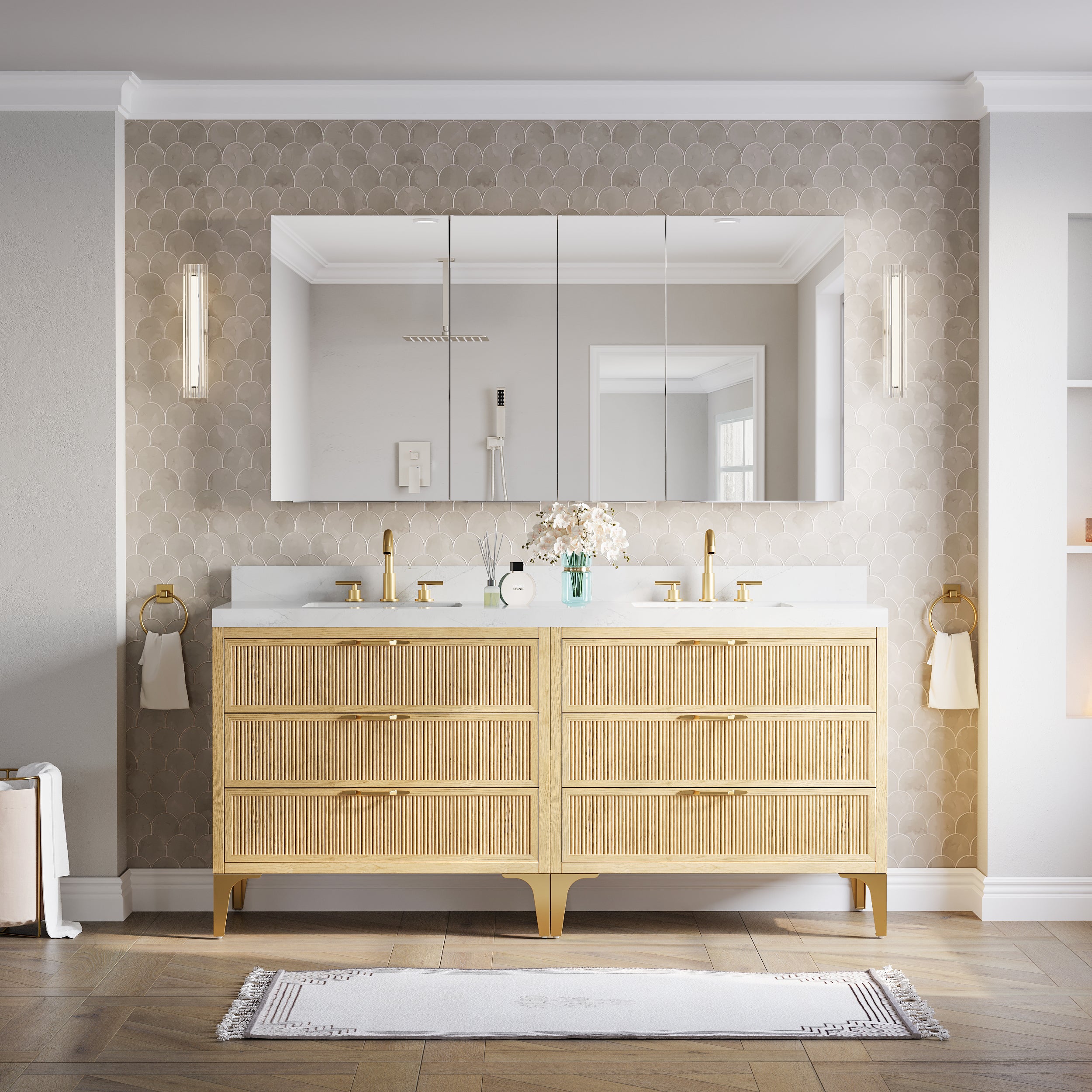 64 in.×32 in.H Copper-Free Mirror Medicine Cabinet with Soft-Close Blum® Hinges and 4 Doors