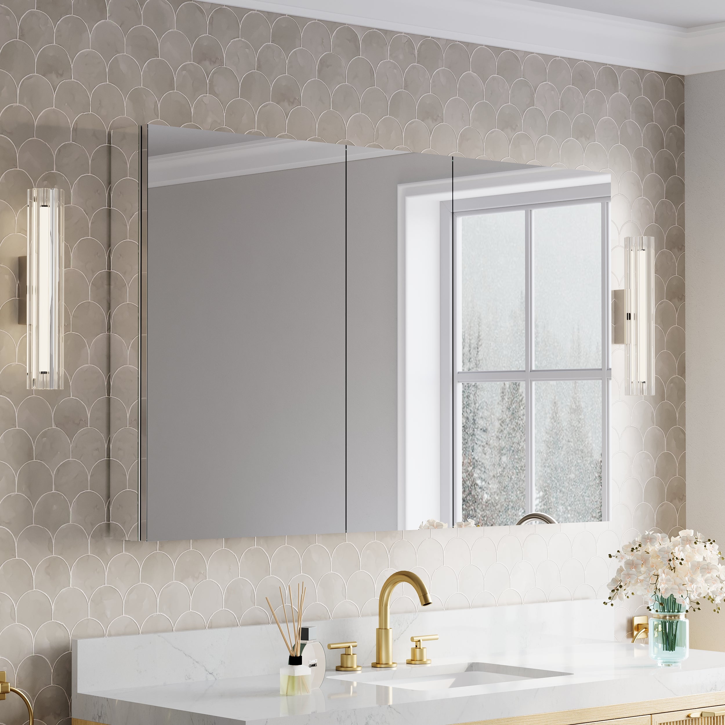 52 in.×32 in.H Copper-Free Mirror Medicine Cabinet with Soft-Close Blum® Hinges and 3 Doors