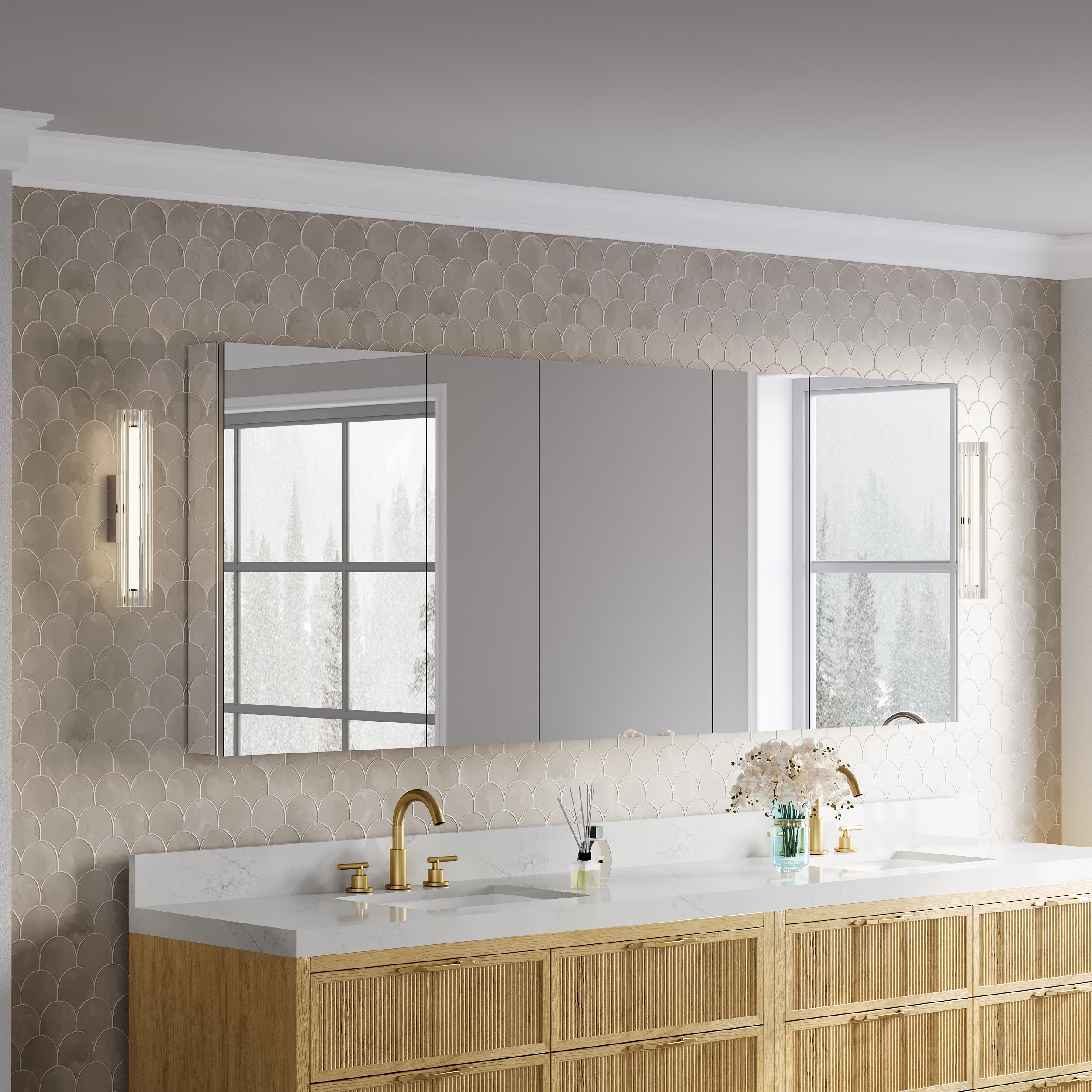 84 in.×32 in.H Copper-Free Mirror Medicine Cabinet with Soft-Close Blum® Hinges and 5 Doors