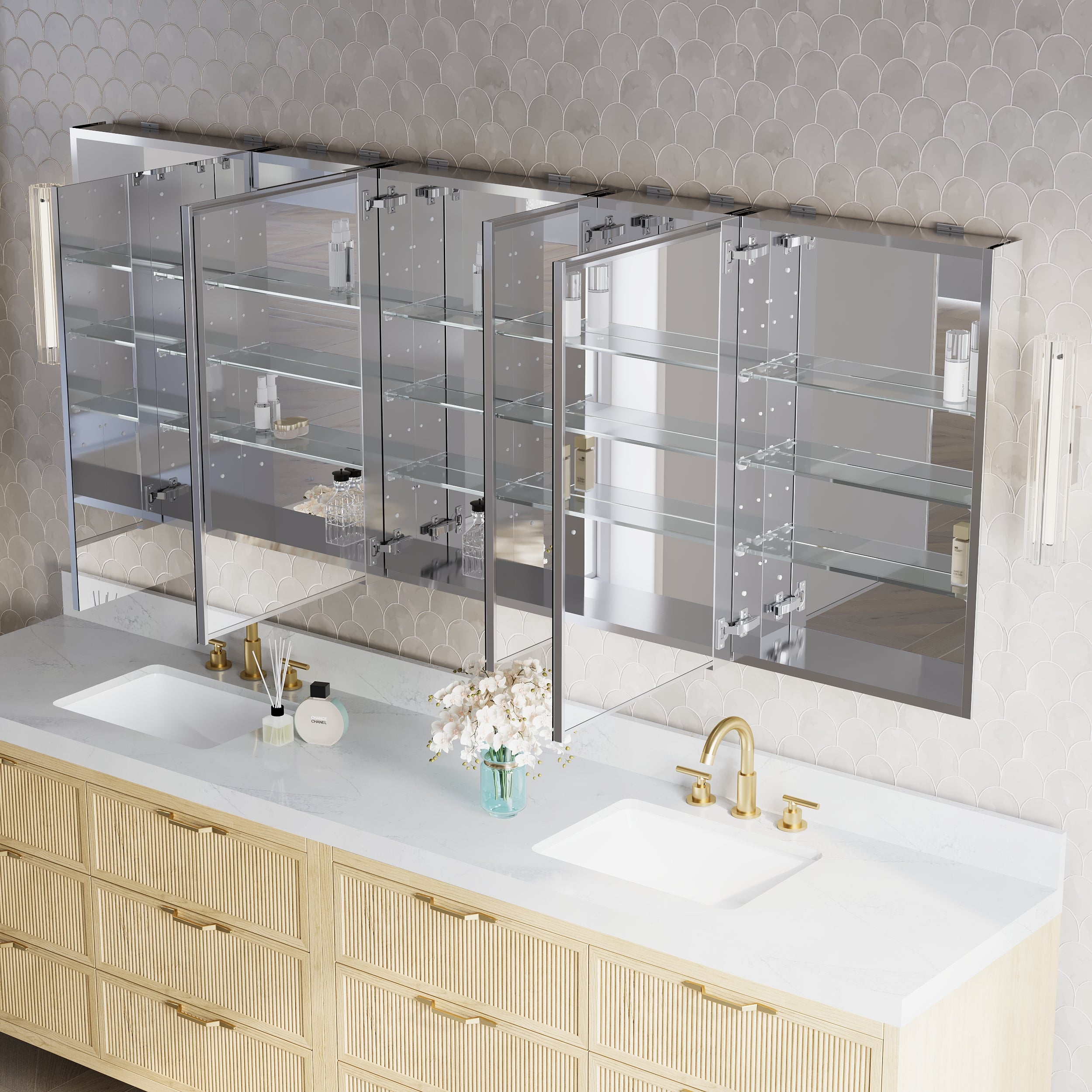 84 in.×32 in.H Copper-Free Mirror Medicine Cabinet with Soft-Close Blum® Hinges and 5 Doors