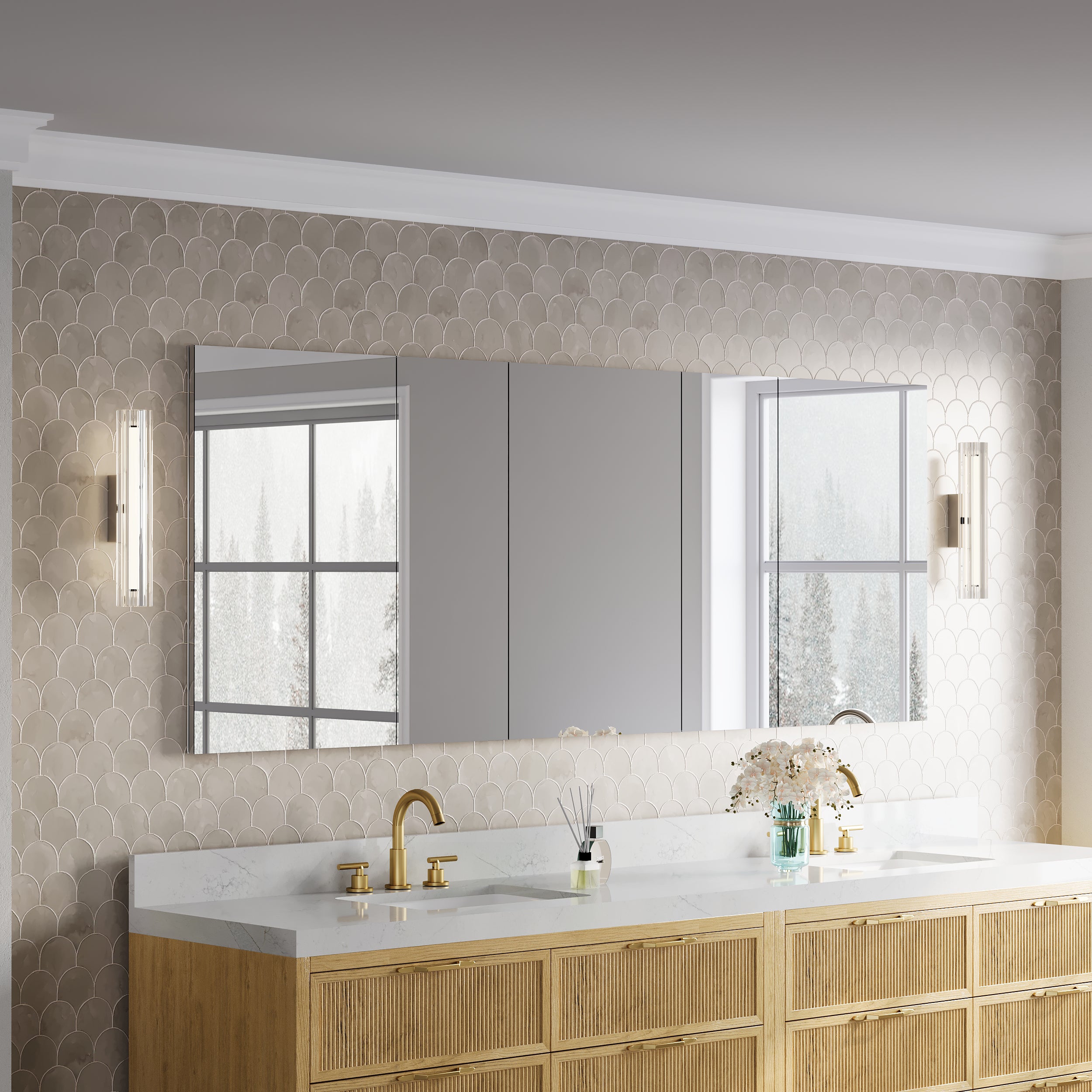 84 in.×32 in.H Copper-Free Mirror Medicine Cabinet with Soft-Close Blum® Hinges and 5 Doors