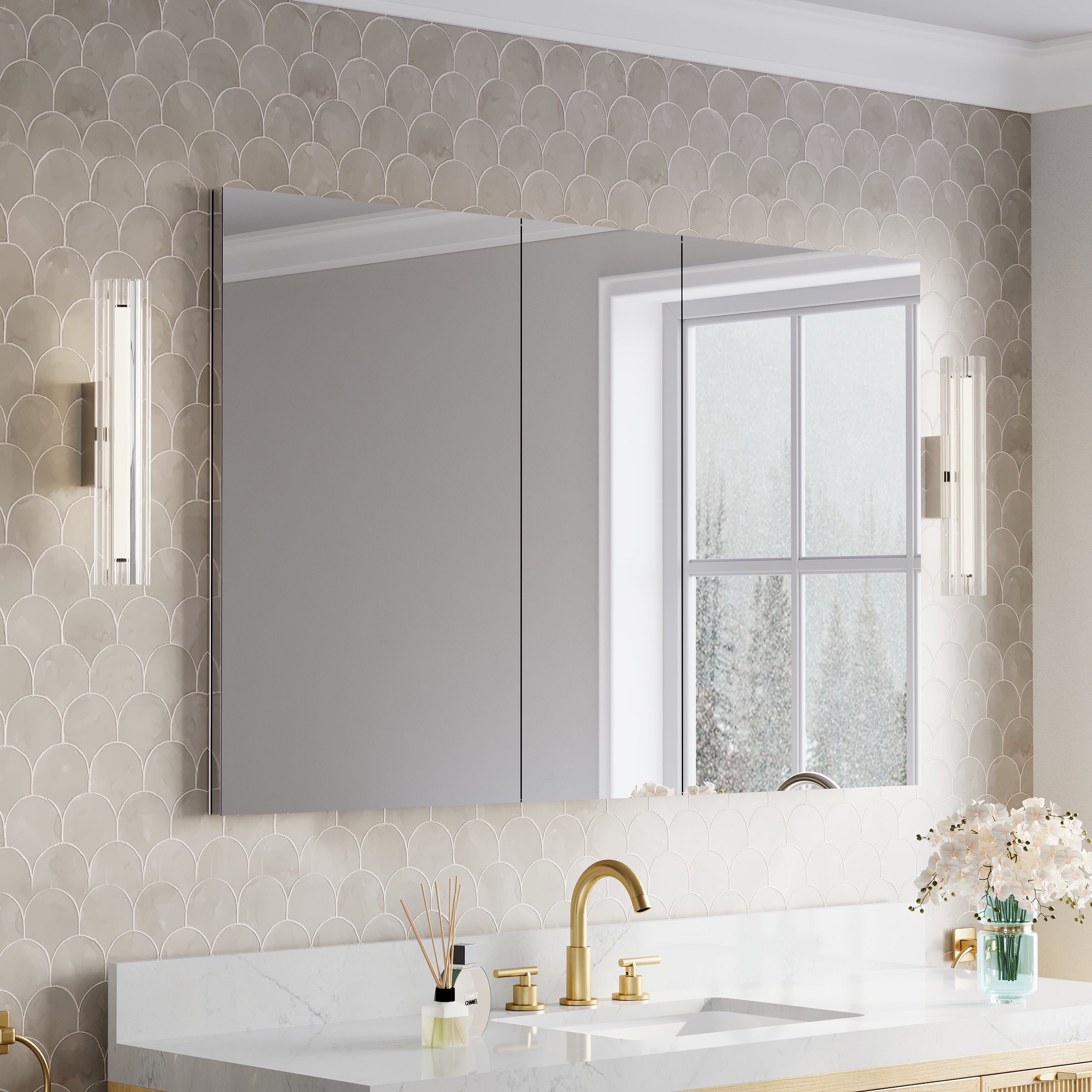 52 in.×32 in.H Copper-Free Mirror Medicine Cabinet with Soft-Close Blum® Hinges and 3 Doors