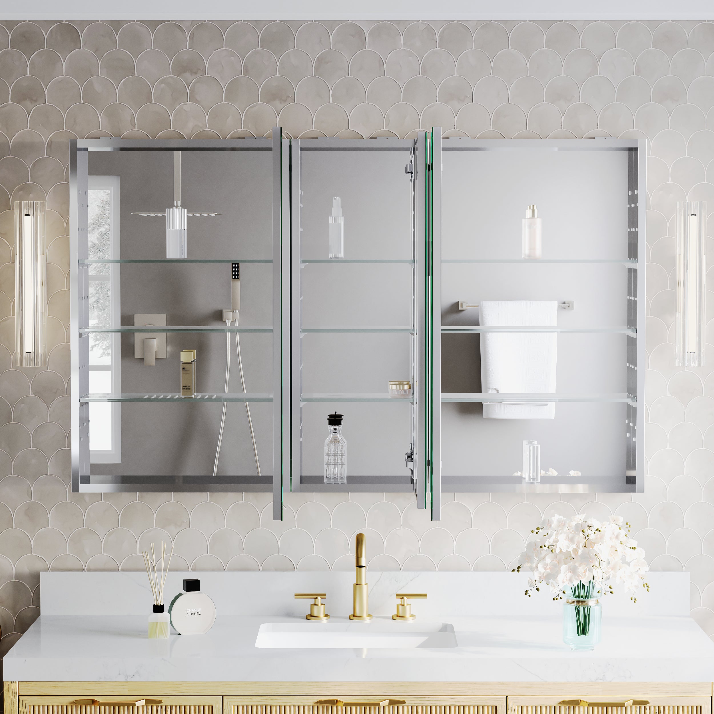 52 in.×32 in.H Copper-Free Mirror Medicine Cabinet with Soft-Close Blum® Hinges and 3 Doors