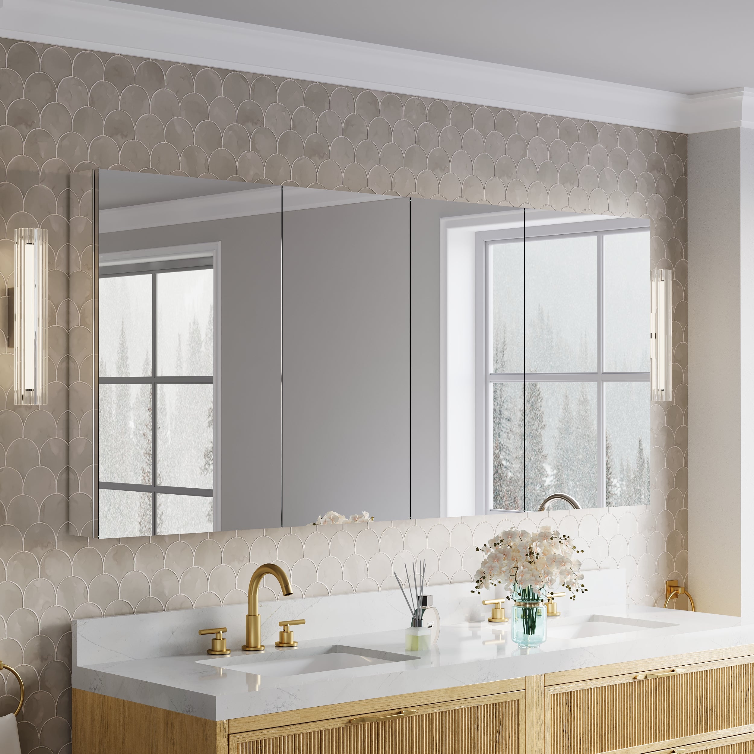 72 in.×32 in.H Copper-Free Mirror Medicine Cabinet with Soft-Close Blum® Hinges and 4 Doors