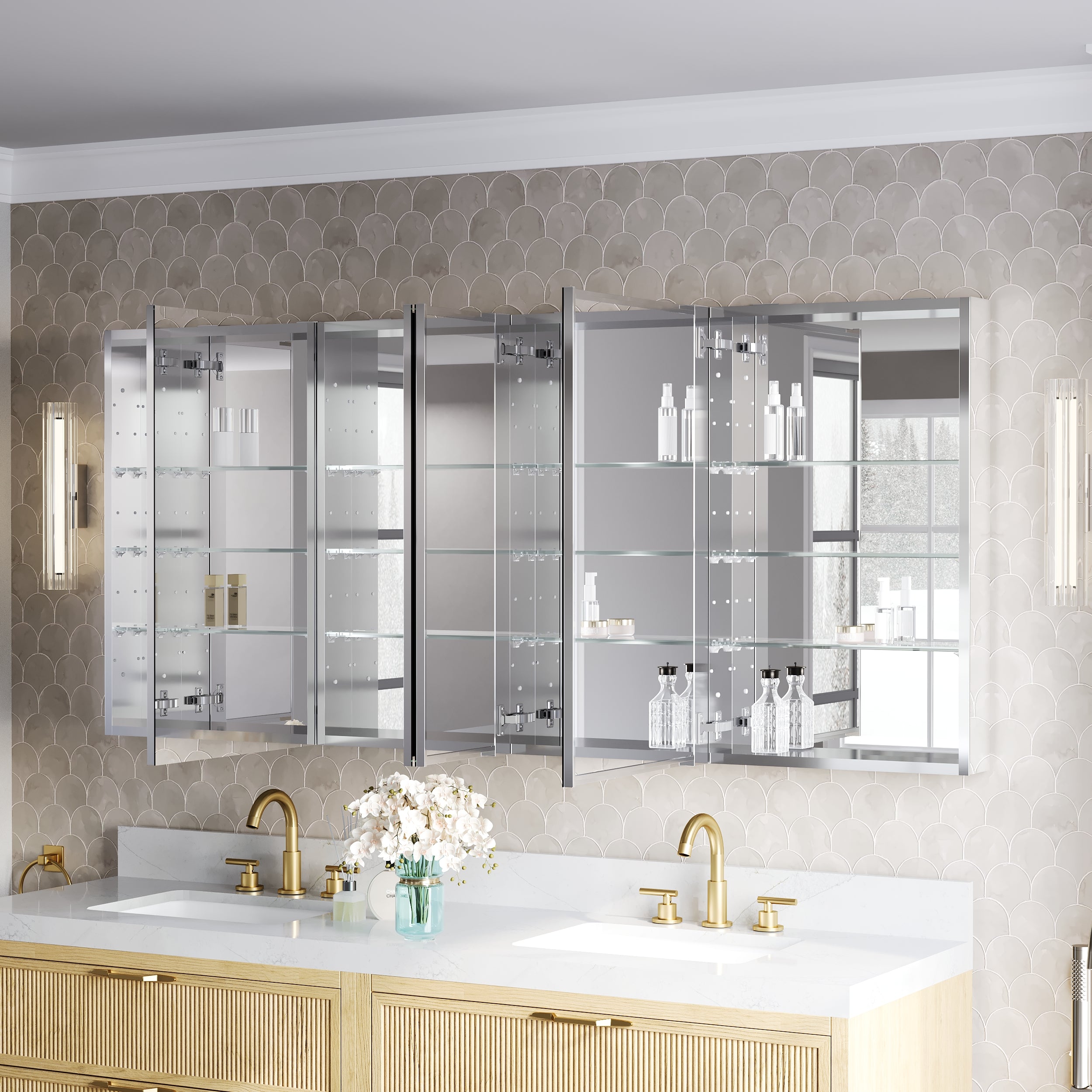 72 in.×32 in.H Copper-Free Mirror Medicine Cabinet with Soft-Close Blum® Hinges and 4 Doors