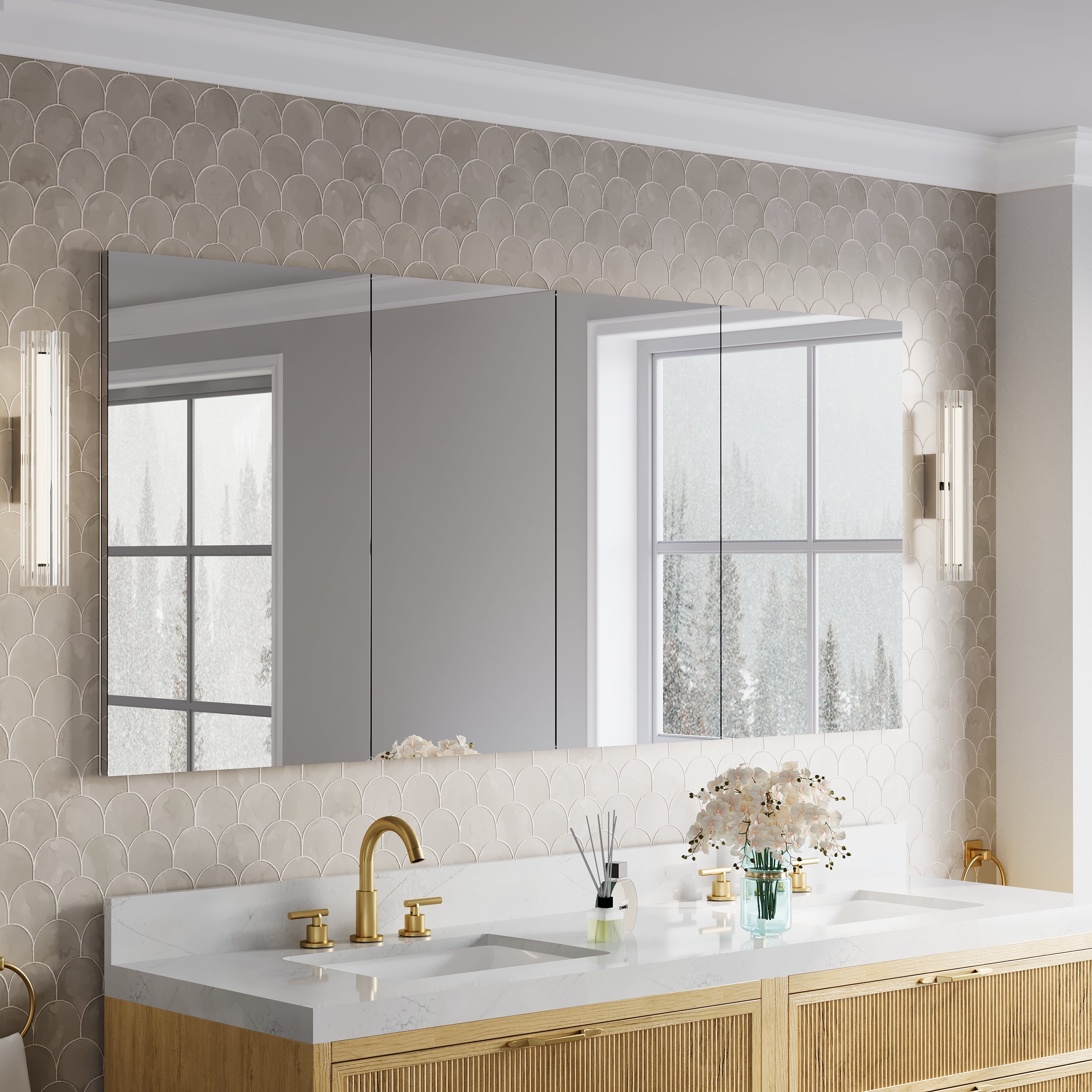 72 in.×32 in.H Copper-Free Mirror Medicine Cabinet with Soft-Close Blum® Hinges and 4 Doors