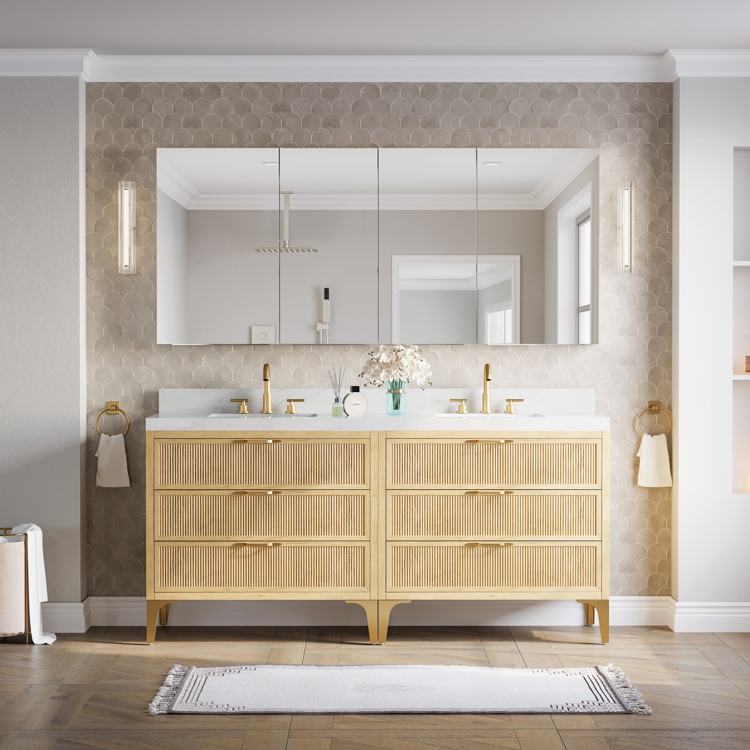 72 in.×32 in.H Copper-Free Mirror Medicine Cabinet with Soft-Close Blum® Hinges and 4 Doors