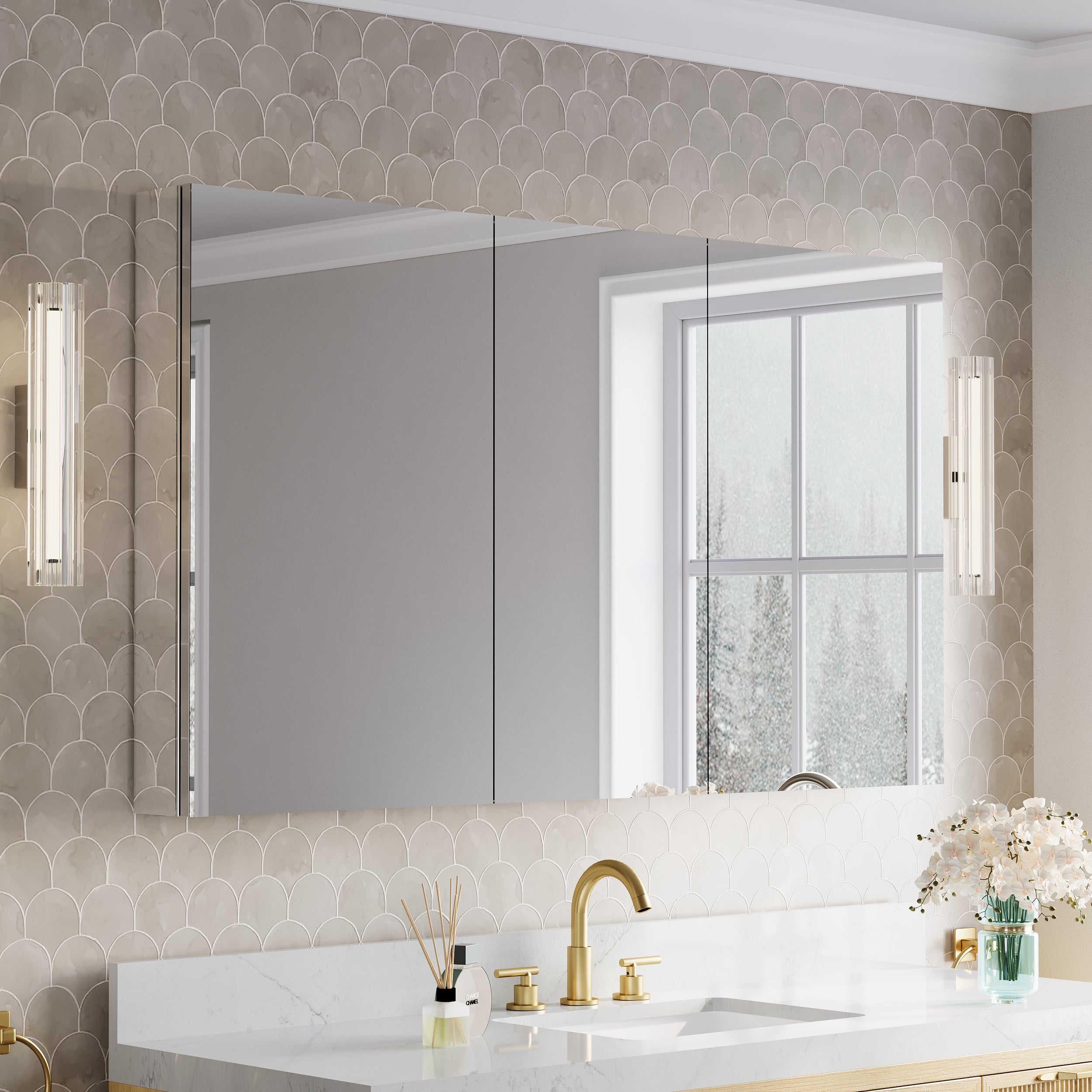 56 in.×32 in.H Copper-Free Mirror Medicine Cabinet with Soft-Close Blum® Hinges and 3 Doors