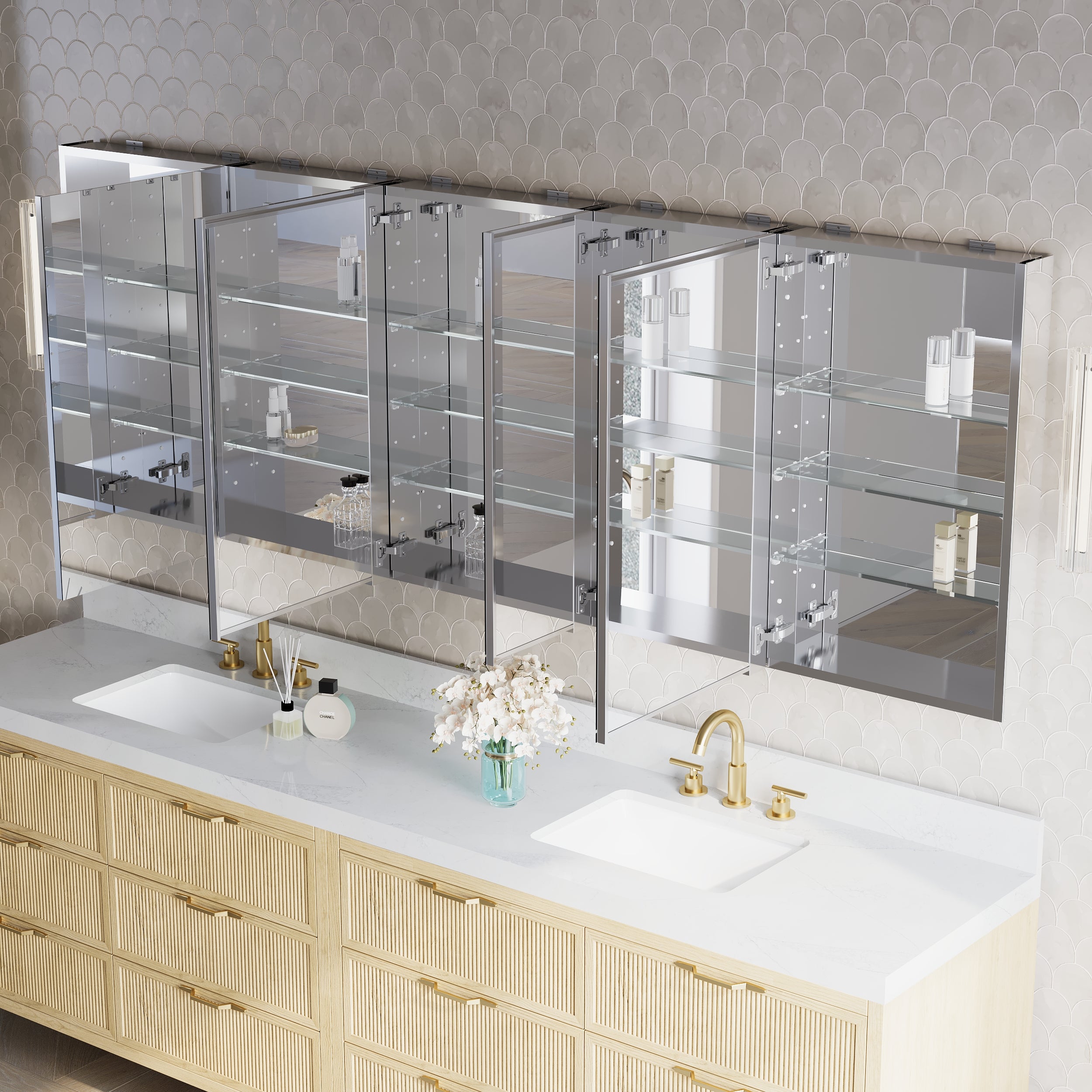 92 in.×32 in.H Copper-Free Mirror Medicine Cabinet with Soft-Close Blum® Hinges and 5 Doors