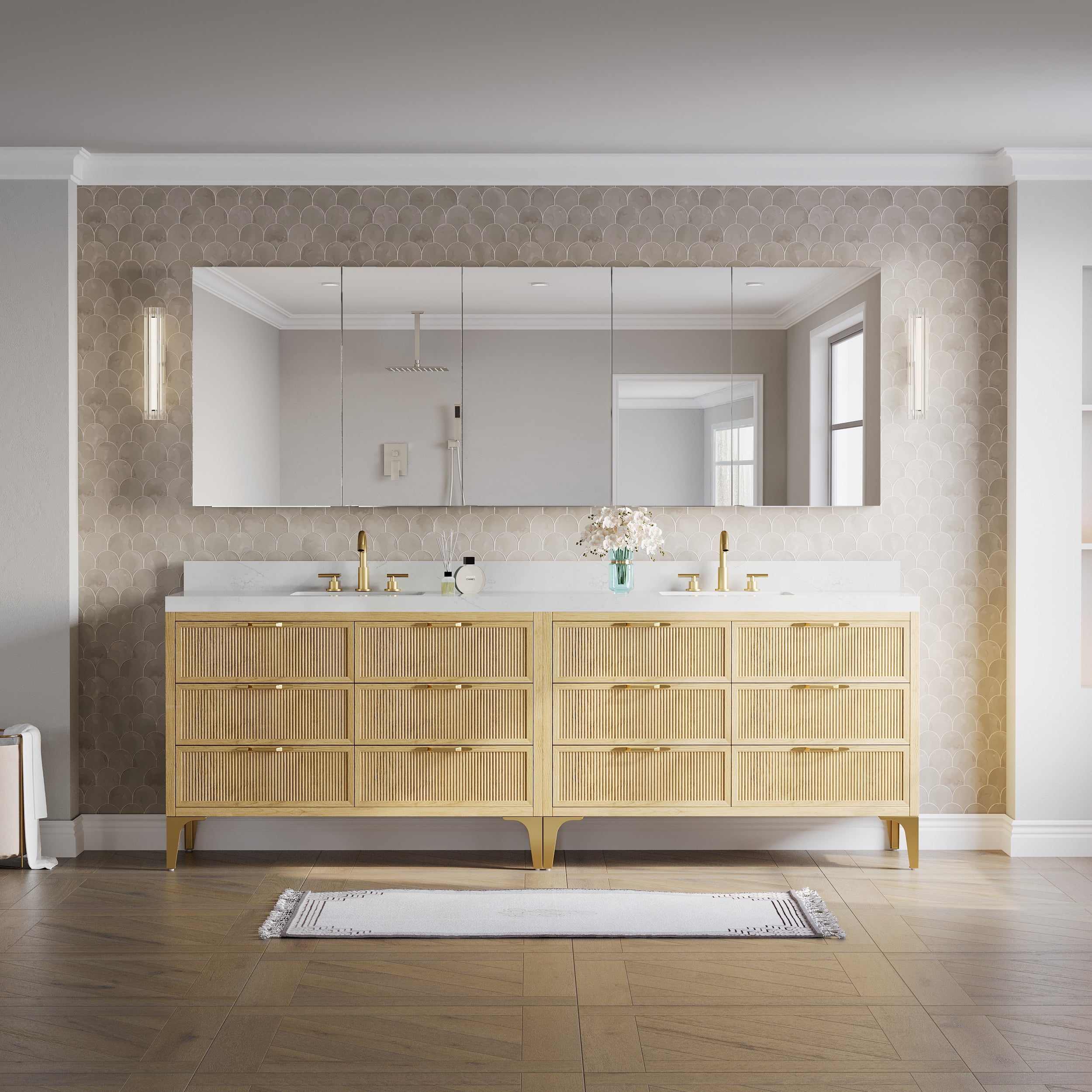 92 in.×32 in.H Copper-Free Mirror Medicine Cabinet with Soft-Close Blum® Hinges and 5 Doors