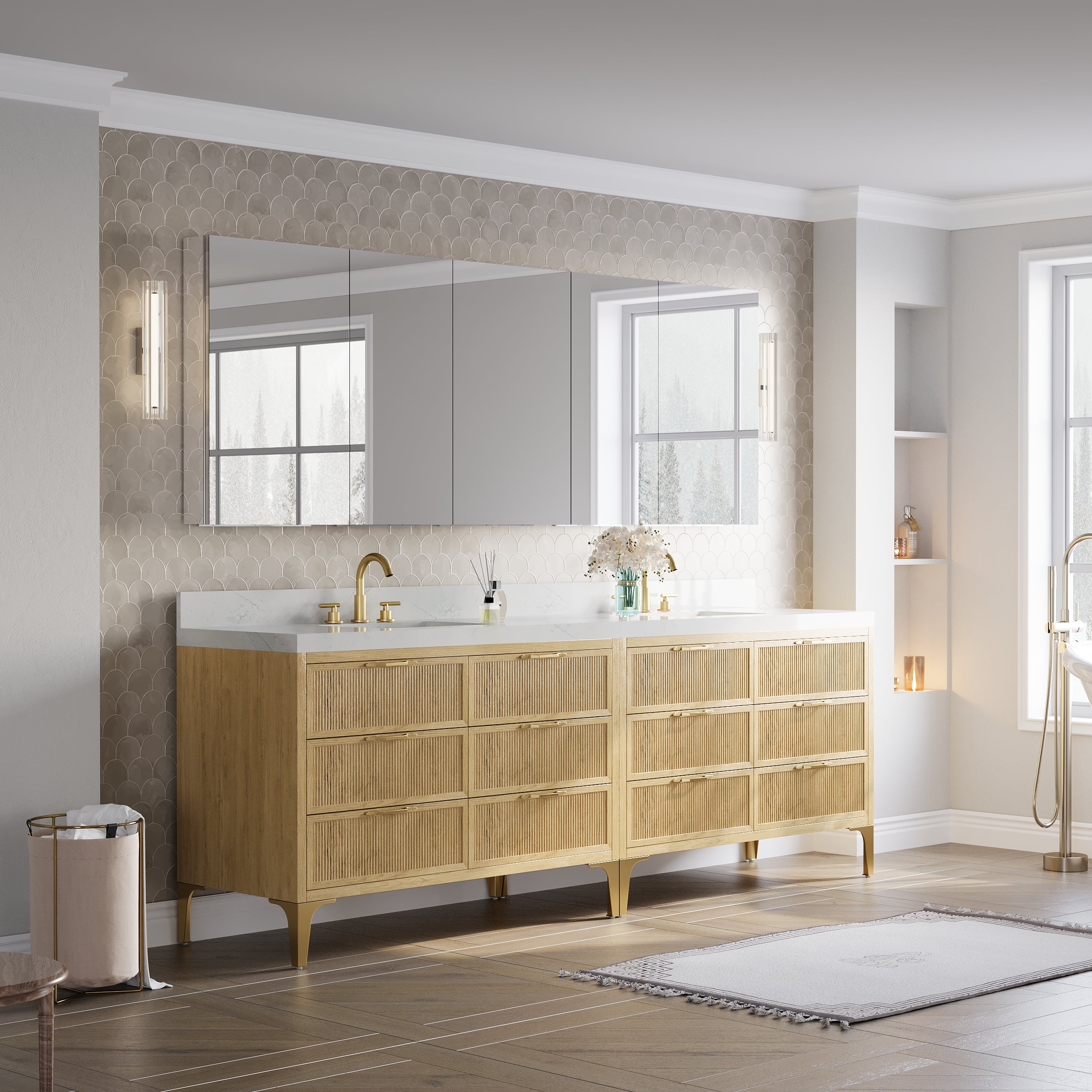 92 in.×32 in.H Copper-Free Mirror Medicine Cabinet with Soft-Close Blum® Hinges and 5 Doors