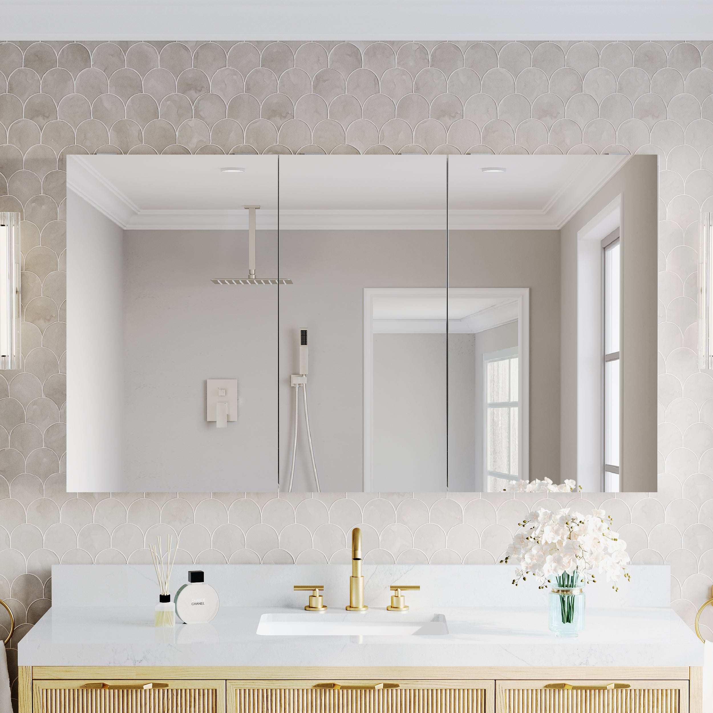 56 in.×32 in.H Copper-Free Mirror Medicine Cabinet with Soft-Close Blum® Hinges and 3 Doors