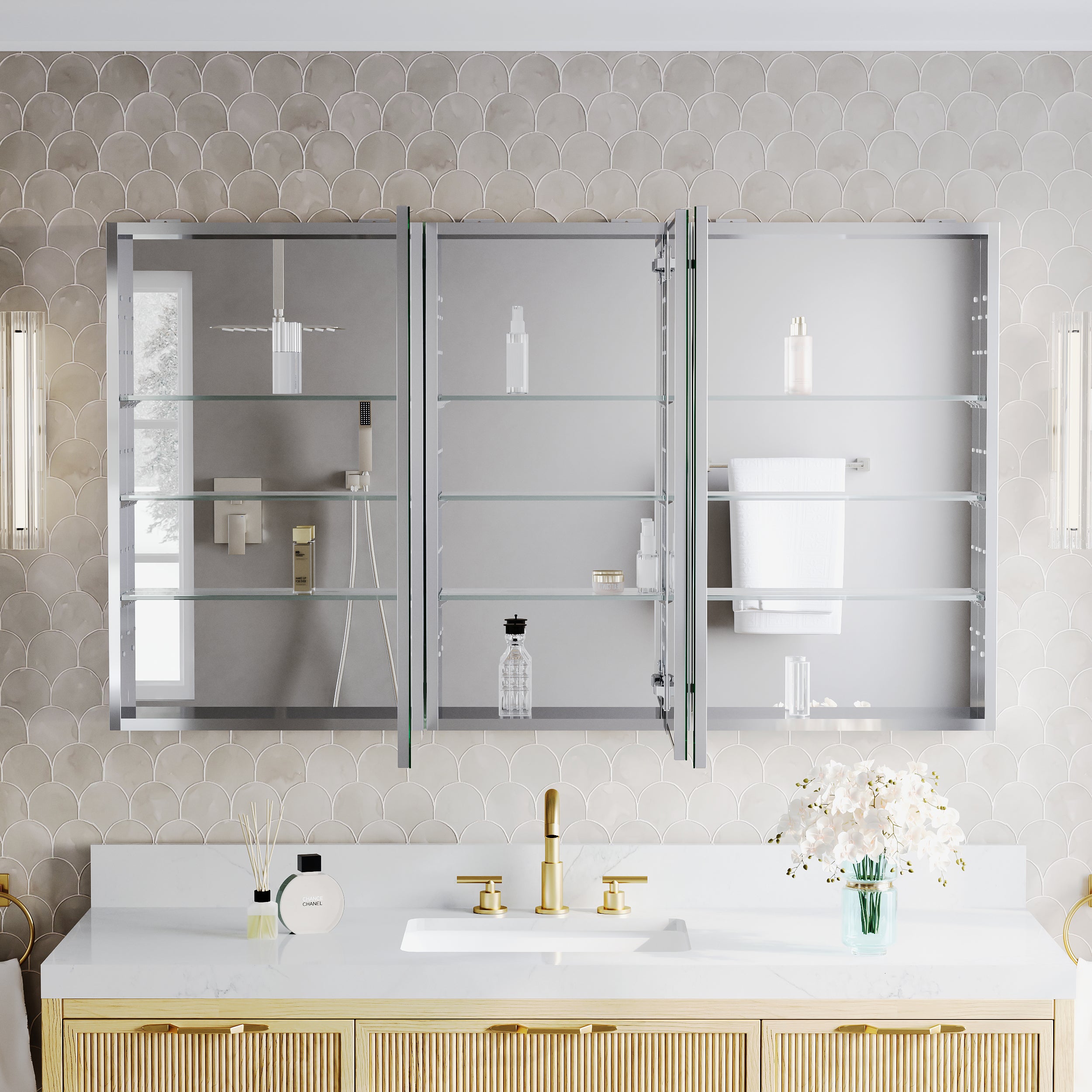 56 in.×32 in.H Copper-Free Mirror Medicine Cabinet with Soft-Close Blum® Hinges and 3 Doors