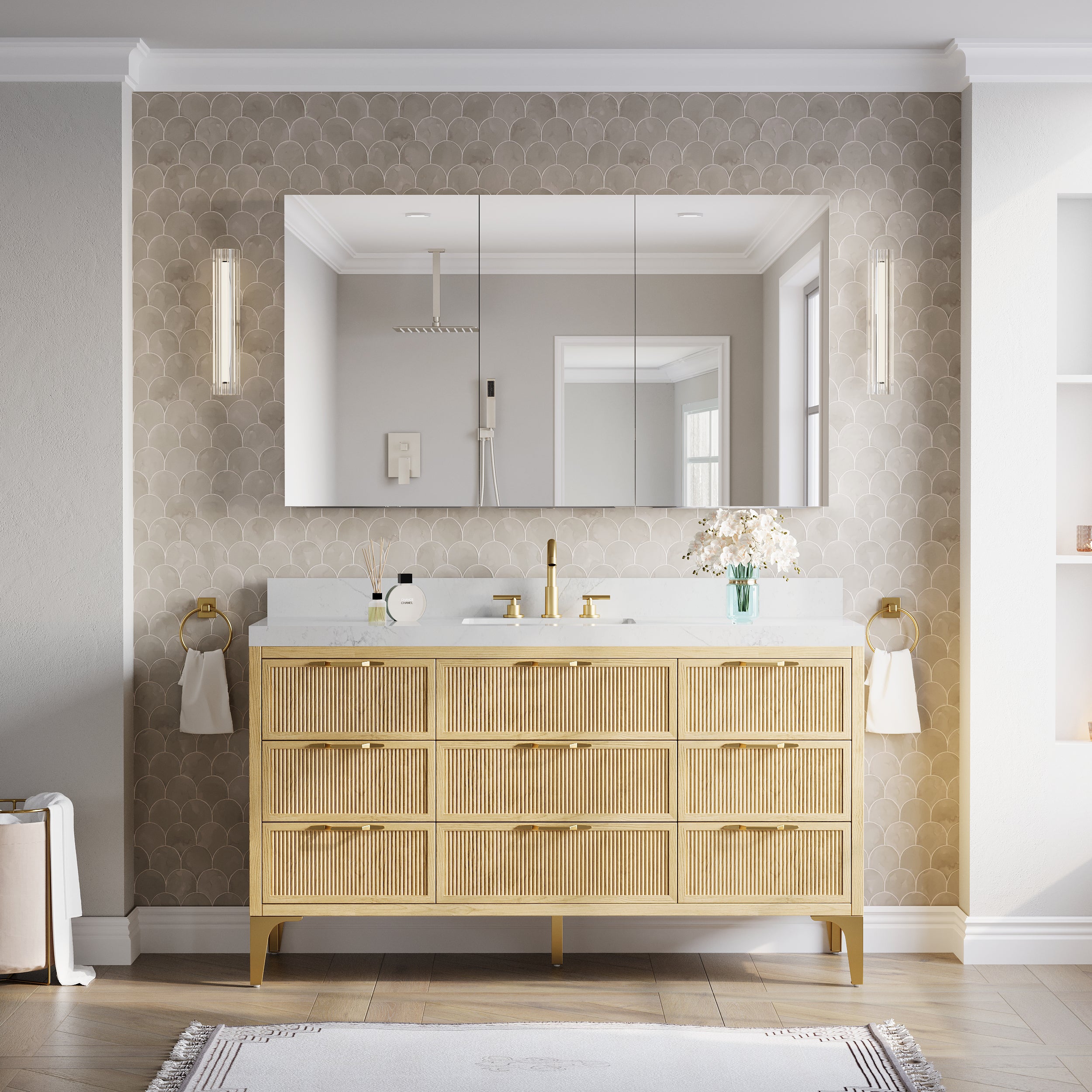 56 in.×32 in.H Copper-Free Mirror Medicine Cabinet with Soft-Close Blum® Hinges and 3 Doors