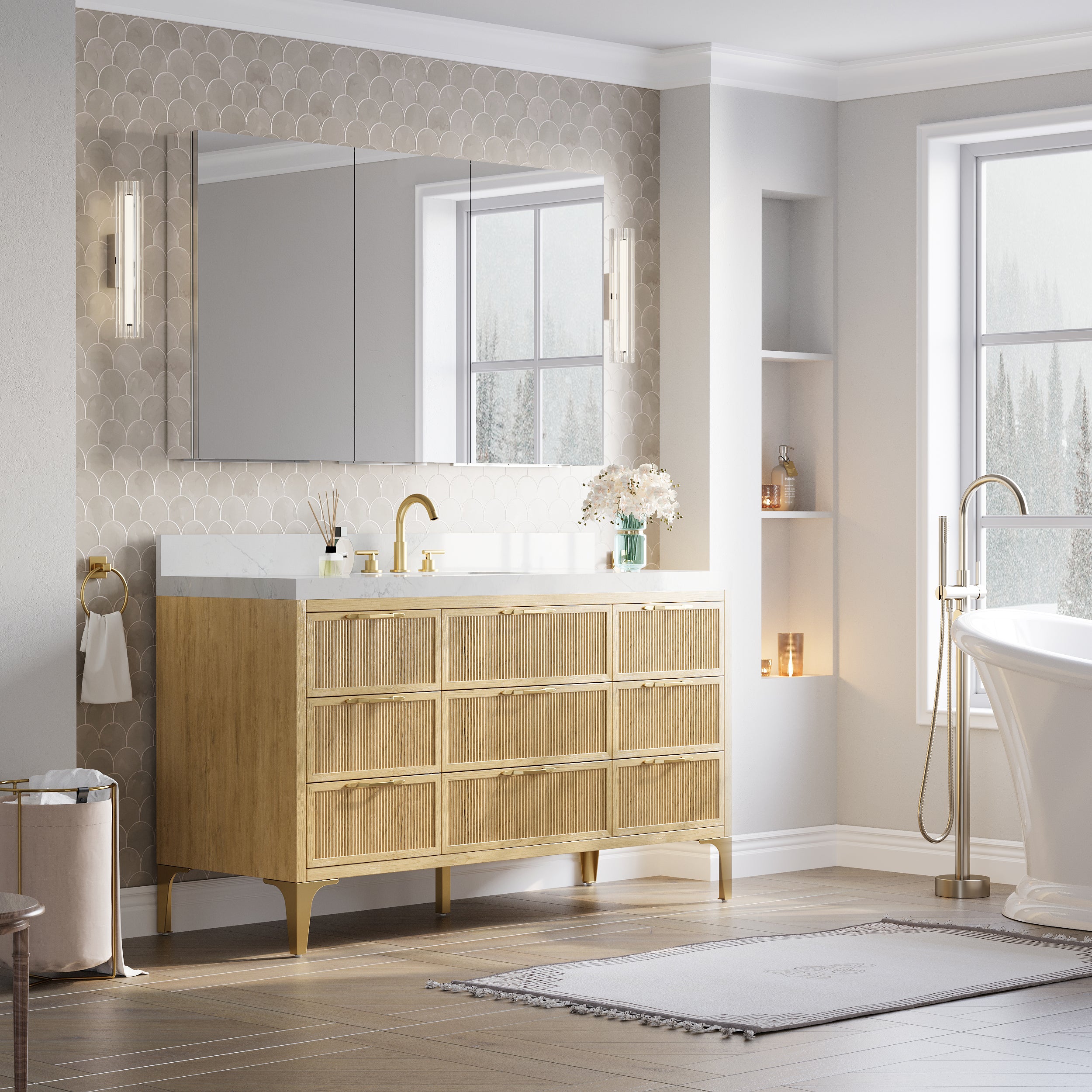 56 in.×32 in.H Copper-Free Mirror Medicine Cabinet with Soft-Close Blum® Hinges and 3 Doors