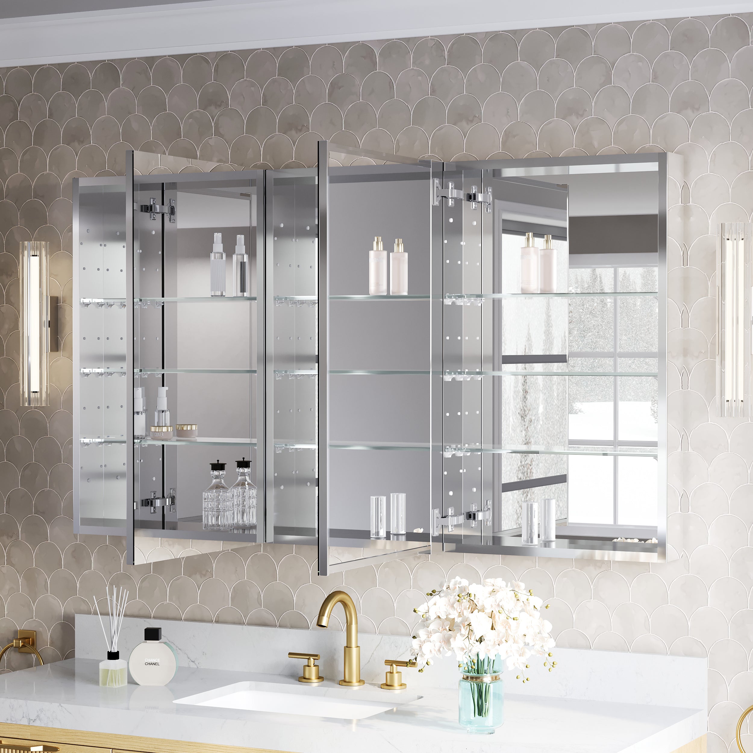 56 in.×32 in.H Copper-Free Mirror Medicine Cabinet with Soft-Close Blum® Hinges and 3 Doors