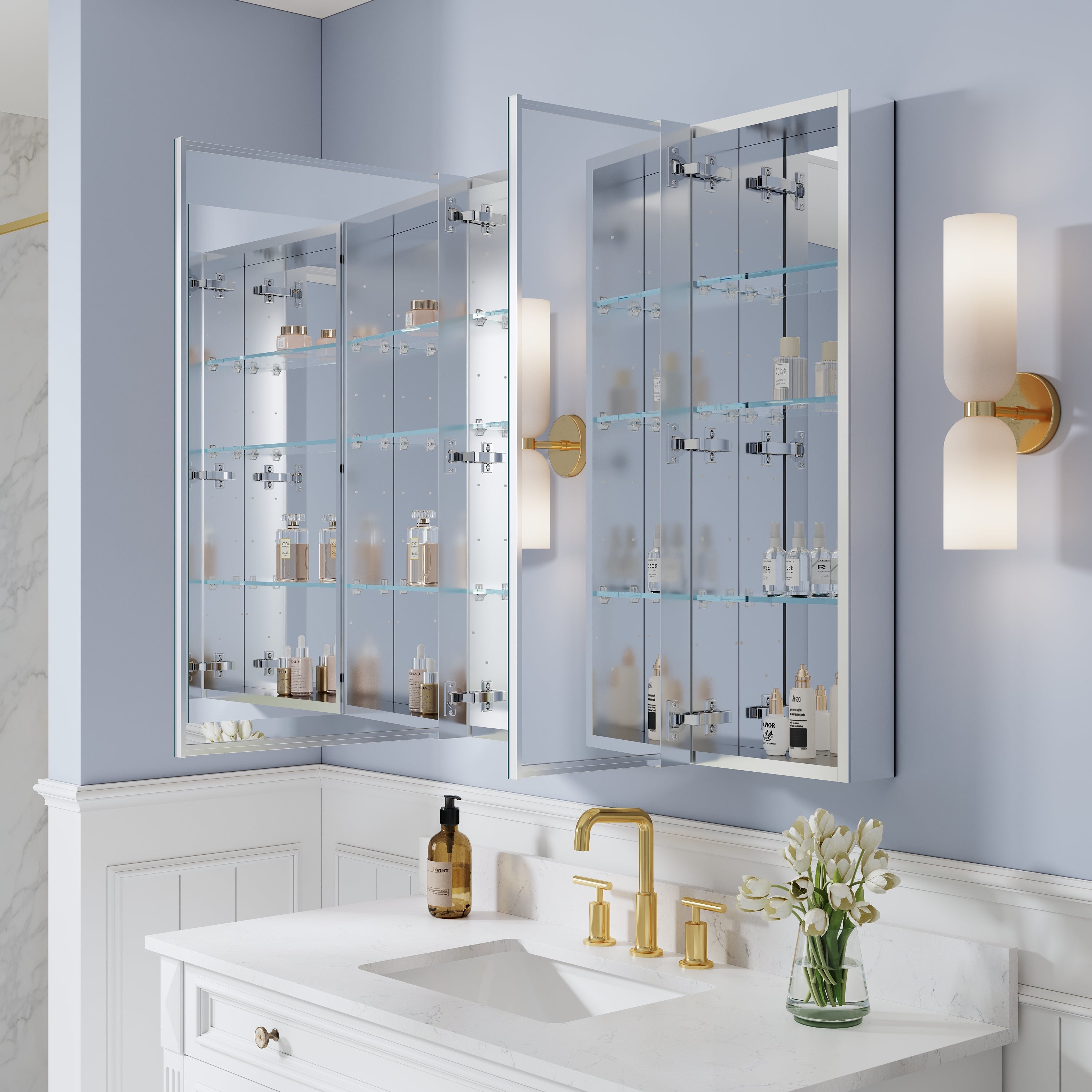 32 in. ×36 in. Copper-Free Tri-Views Mirror Medicine Cabinet with Adjustable Shelves and Dual Swing Doors