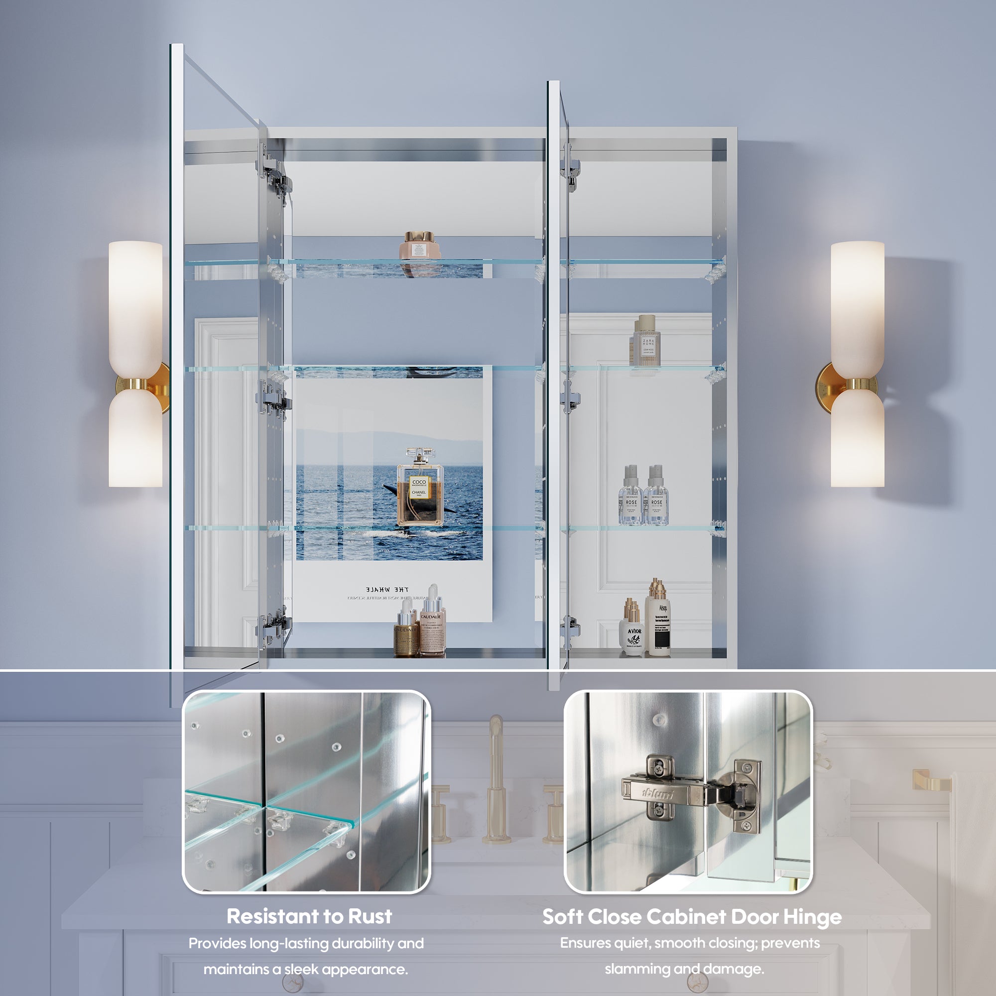 32 in. ×36 in. Copper-Free Tri-Views Mirror Medicine Cabinet with Adjustable Shelves and Dual Swing Doors