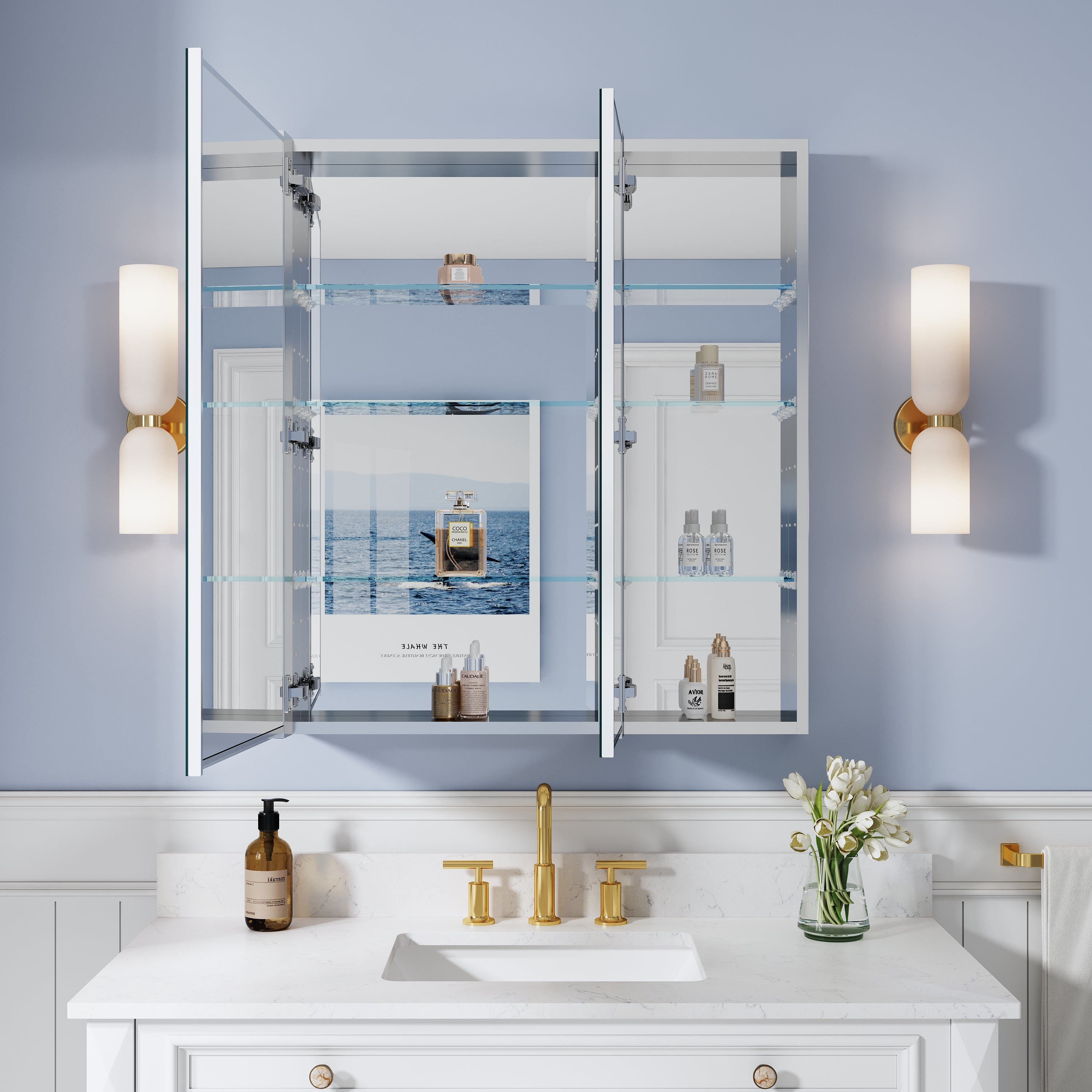 32 in. ×36 in. Copper-Free Tri-Views Mirror Medicine Cabinet with Adjustable Shelves and Dual Swing Doors