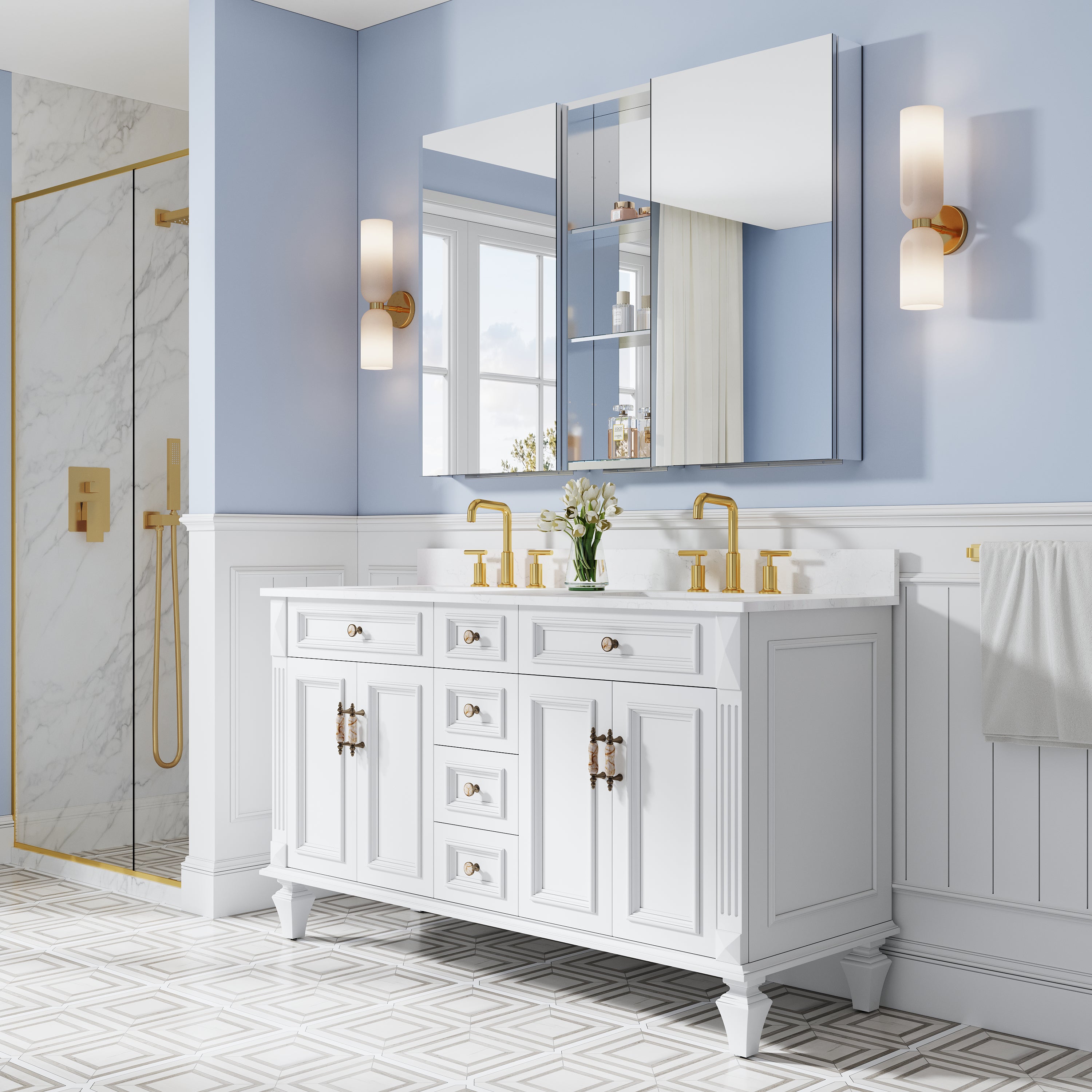 52 in. ×36 in. Bathroom Medicine Cabinet Set with Copper-Free Tri-View Mirror and Open Side Cabinet, Recessed or Surface Mount