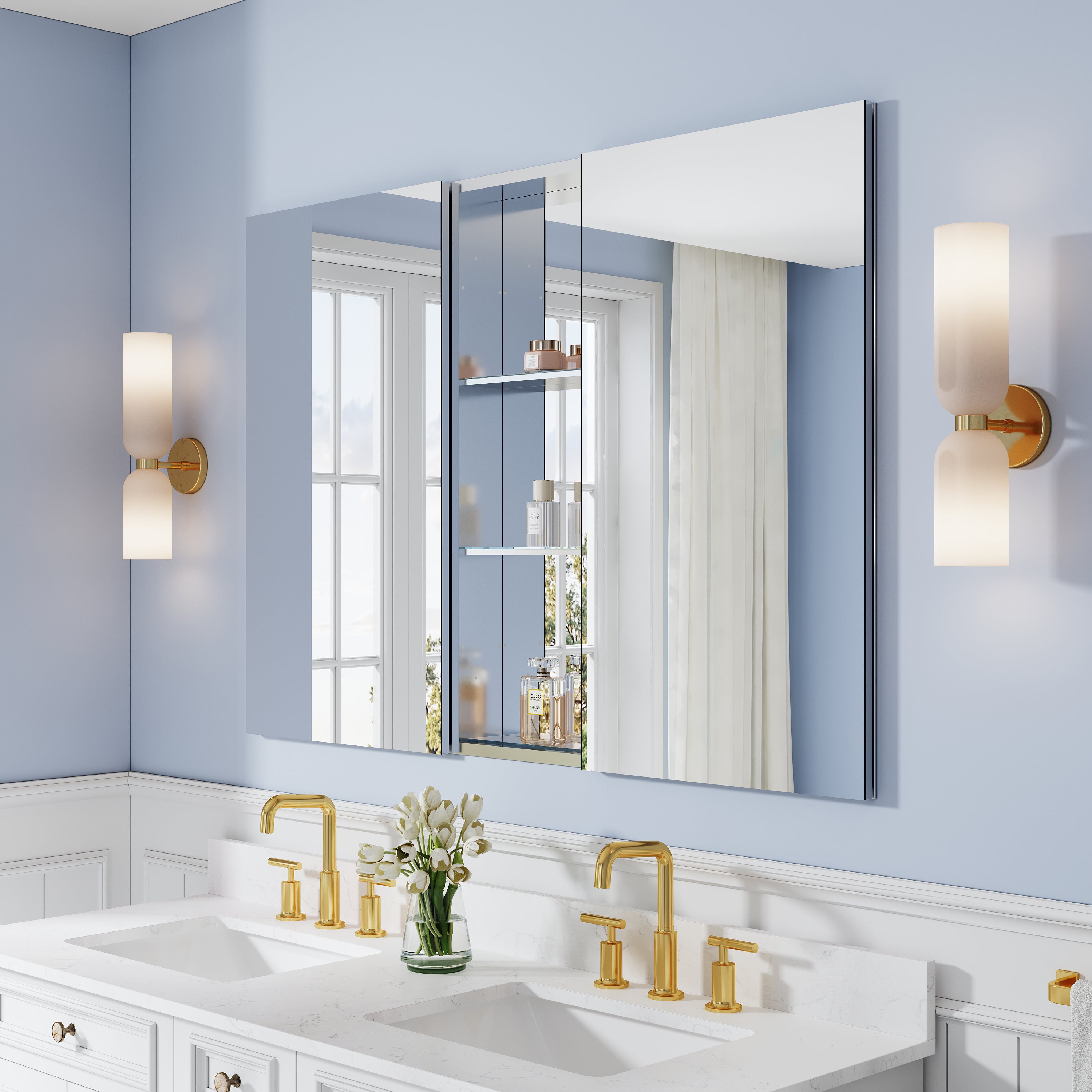 52 in. ×36 in. Bathroom Medicine Cabinet Set with Copper-Free Tri-View Mirror and Open Side Cabinet, Recessed or Surface Mount