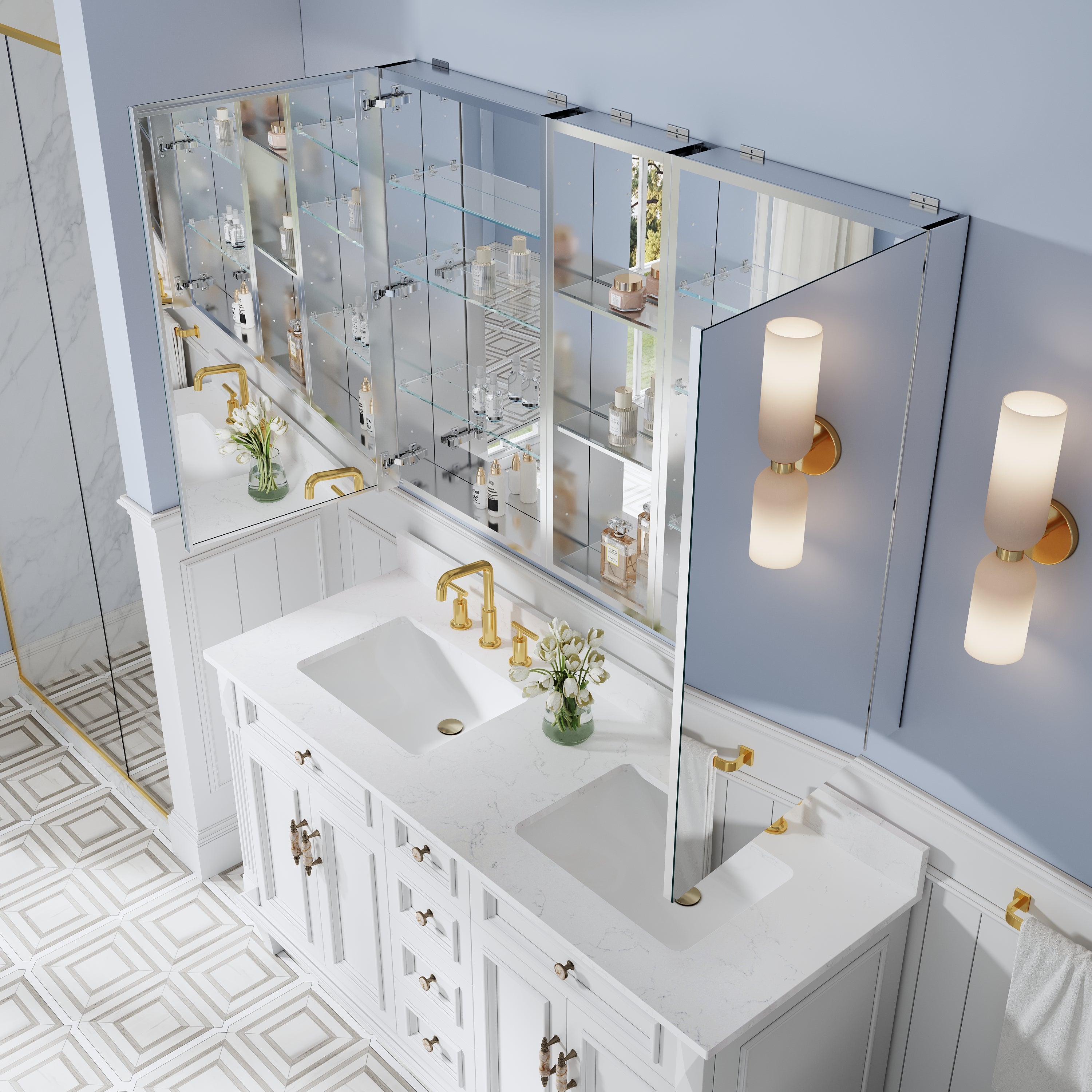 52 in. ×36 in. Bathroom Medicine Cabinet Set with Copper-Free Tri-View Mirror and Open Side Cabinet, Recessed or Surface Mount