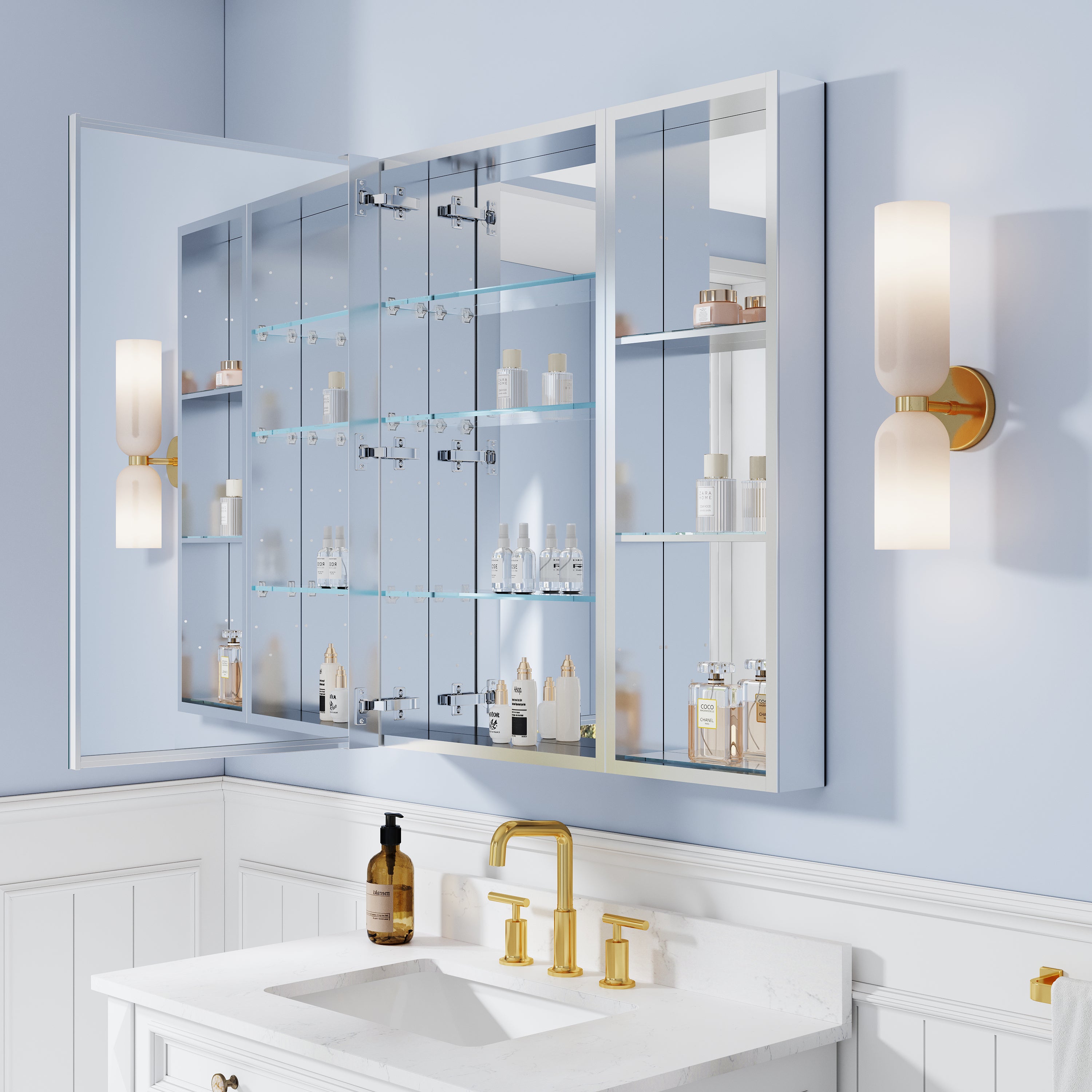 32 in. ×36 in. Bathroom Medicine Cabinet Set with Copper-Free Tri-View Mirror and Open Side Cabinet, Recessed or Surface Mount