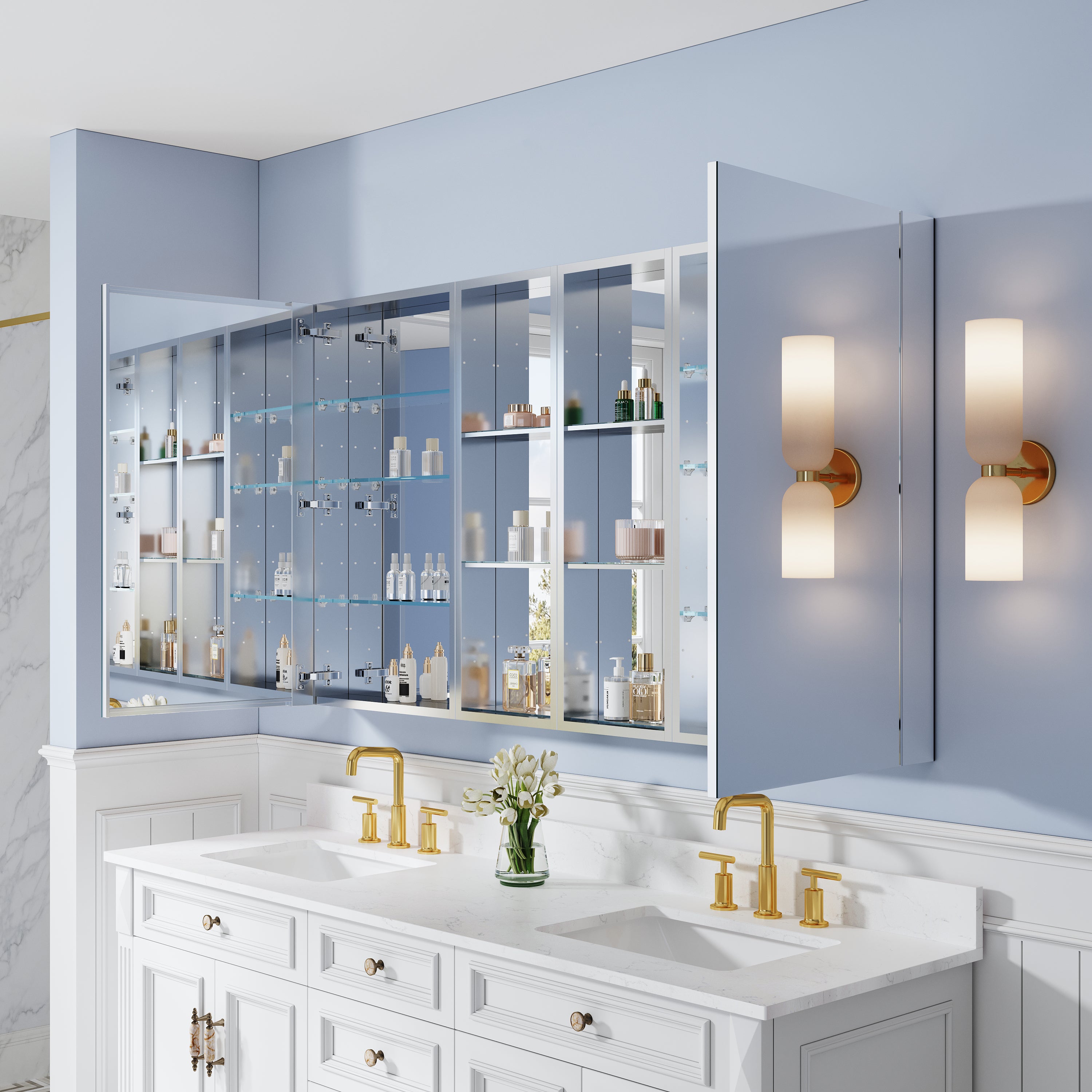 64 in. ×36 in. Bathroom Medicine Cabinet Set with Copper-Free Tri-View Mirror and Open Side Cabinet, Recessed or Surface Mount