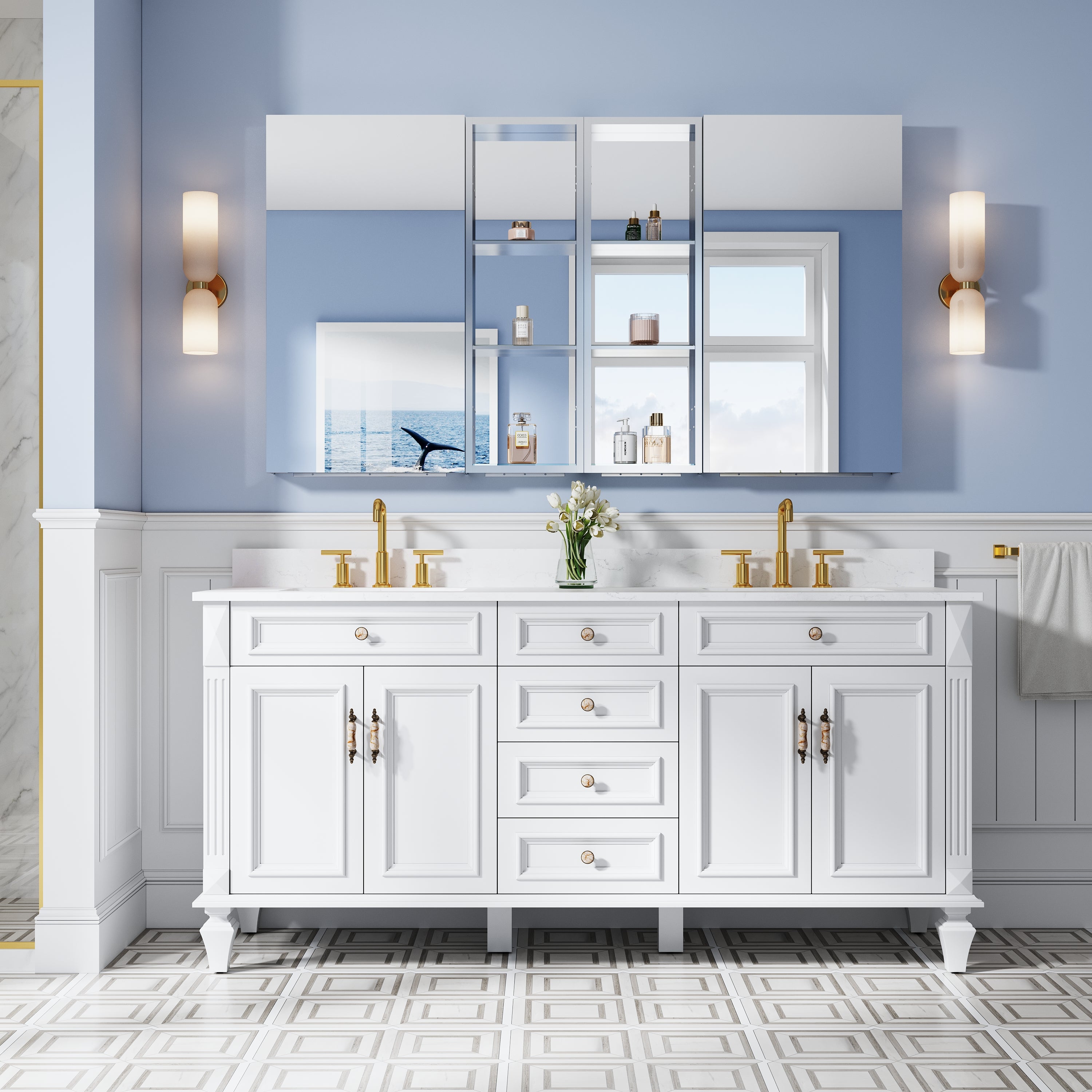 64 in. ×36 in. Bathroom Medicine Cabinet Set with Copper-Free Tri-View Mirror and Open Side Cabinet, Recessed or Surface Mount