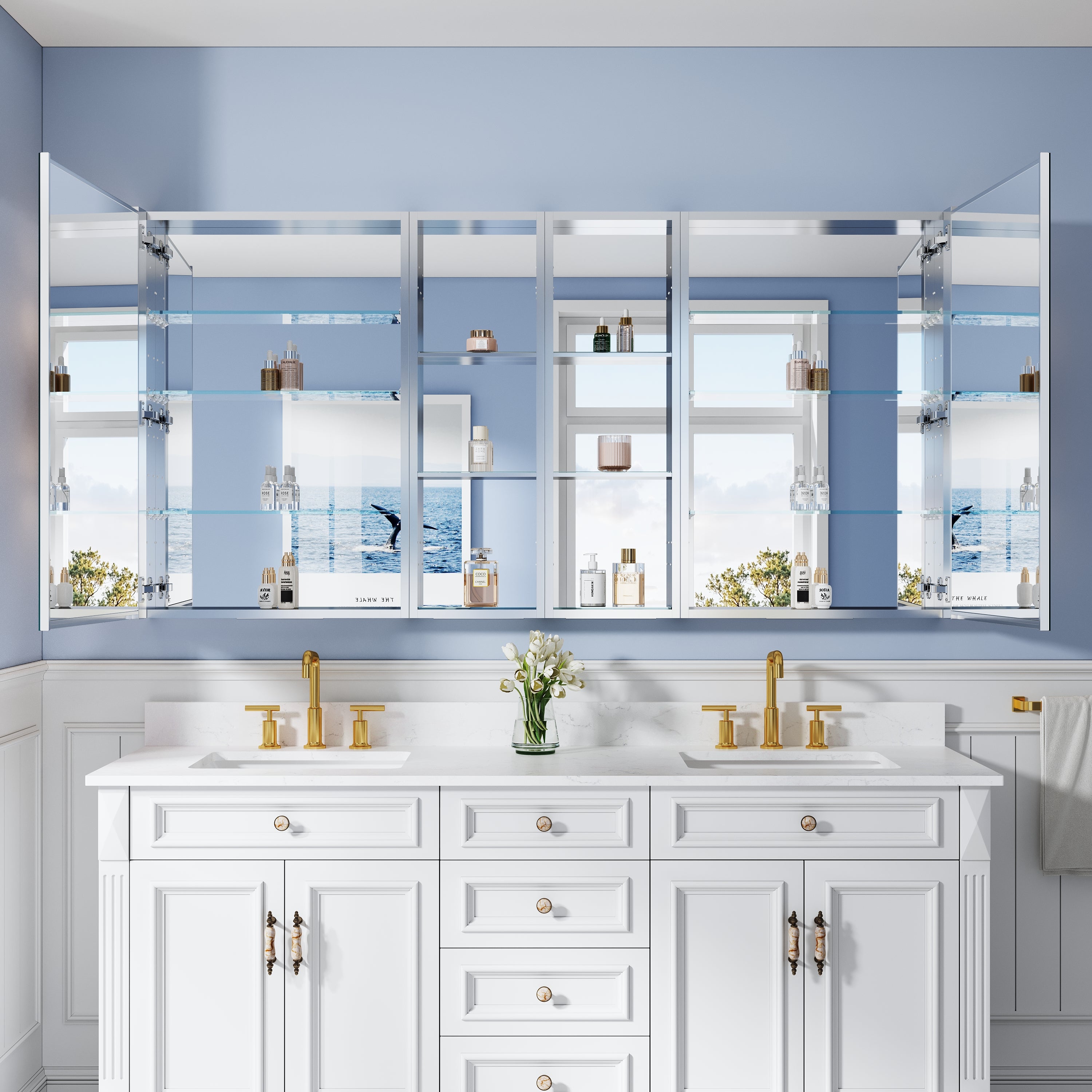 64 in. ×36 in. Bathroom Medicine Cabinet Set with Copper-Free Tri-View Mirror and Open Side Cabinet, Recessed or Surface Mount