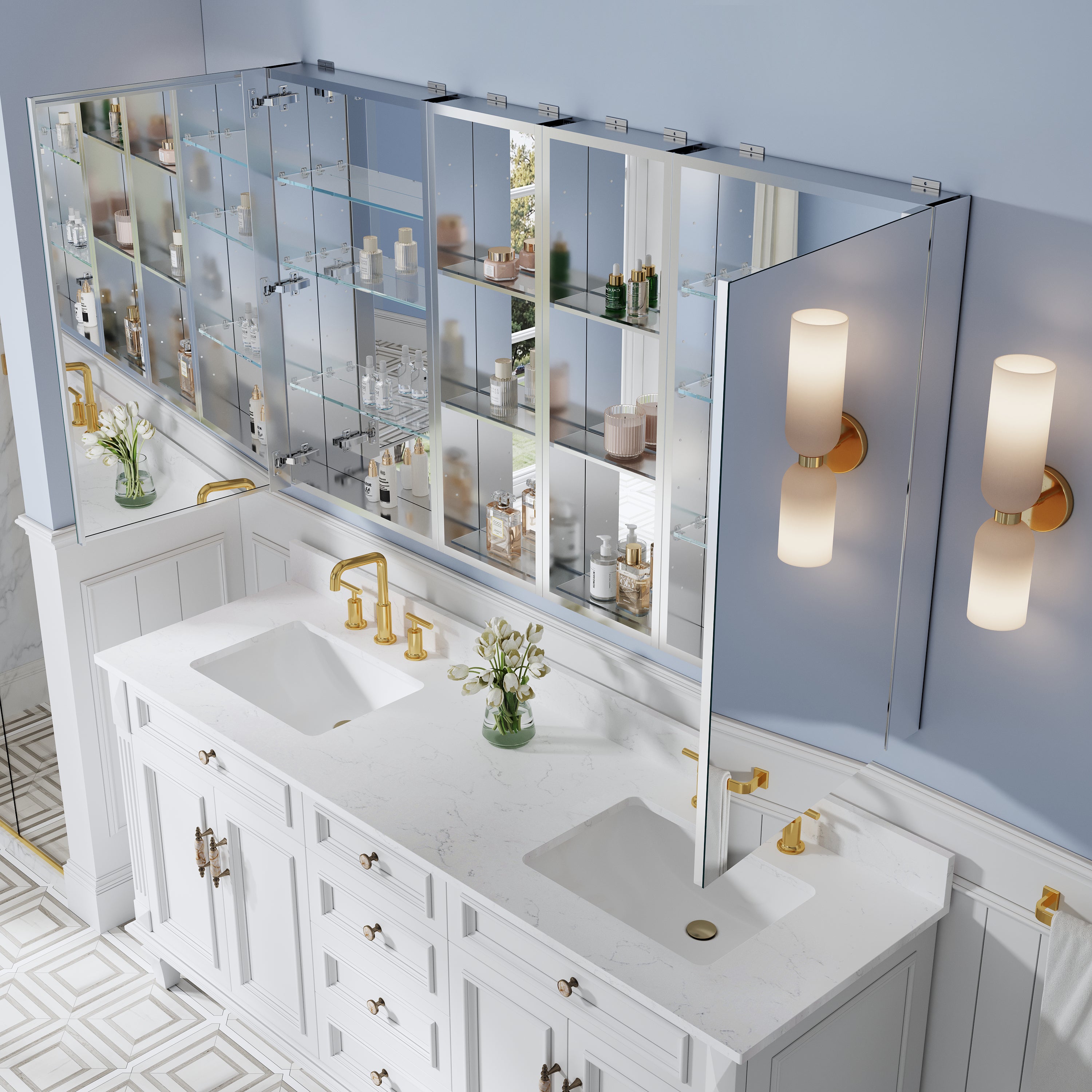 64 in. ×36 in. Bathroom Medicine Cabinet Set with Copper-Free Tri-View Mirror and Open Side Cabinet, Recessed or Surface Mount