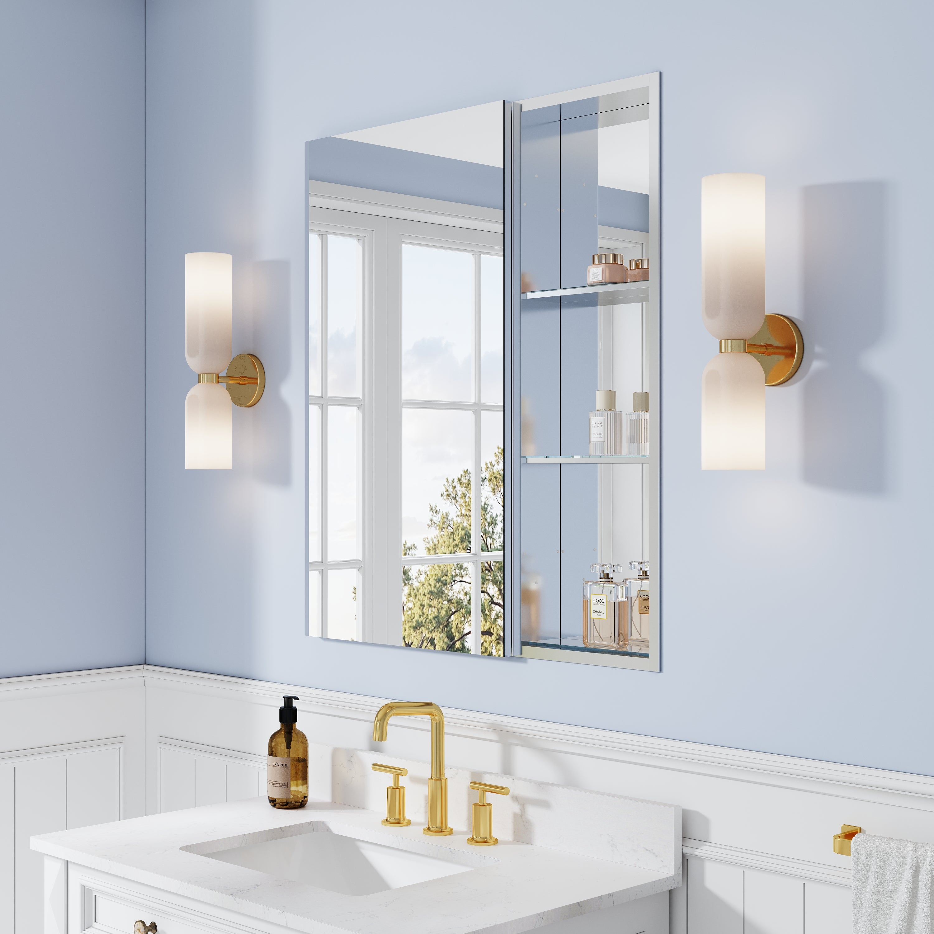 32 in. ×36 in. Bathroom Medicine Cabinet Set with Copper-Free Tri-View Mirror and Open Side Cabinet, Recessed or Surface Mount