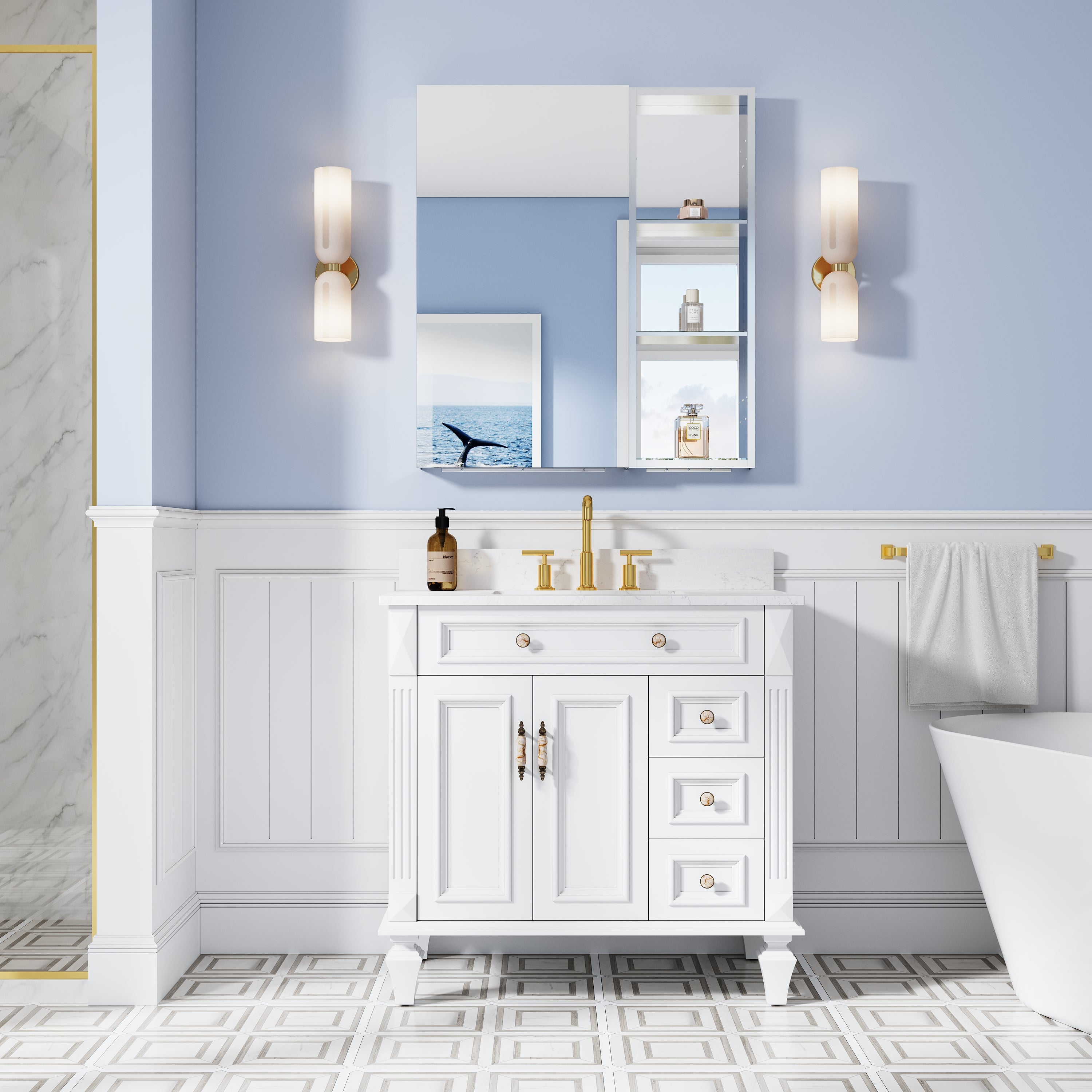 32 in. ×36 in. Bathroom Medicine Cabinet Set with Copper-Free Tri-View Mirror and Open Side Cabinet, Recessed or Surface Mount