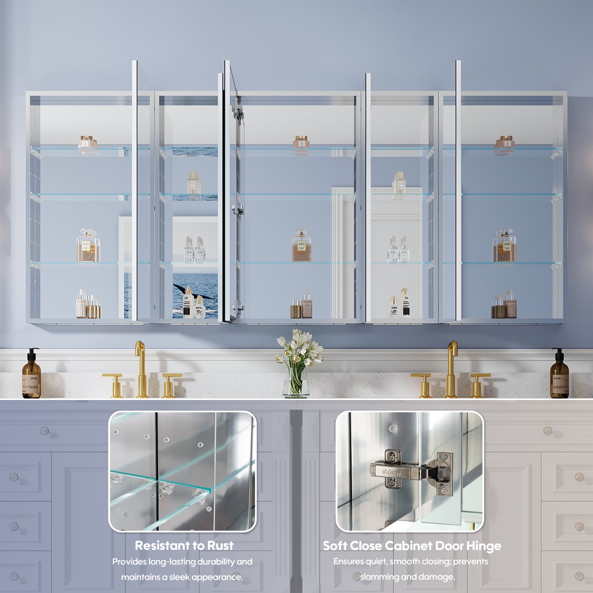 84 in. ×36 in. Copper-Free Tri-Views Mirror Medicine Cabinet with Adjustable Shelves and 5 Swing Doors