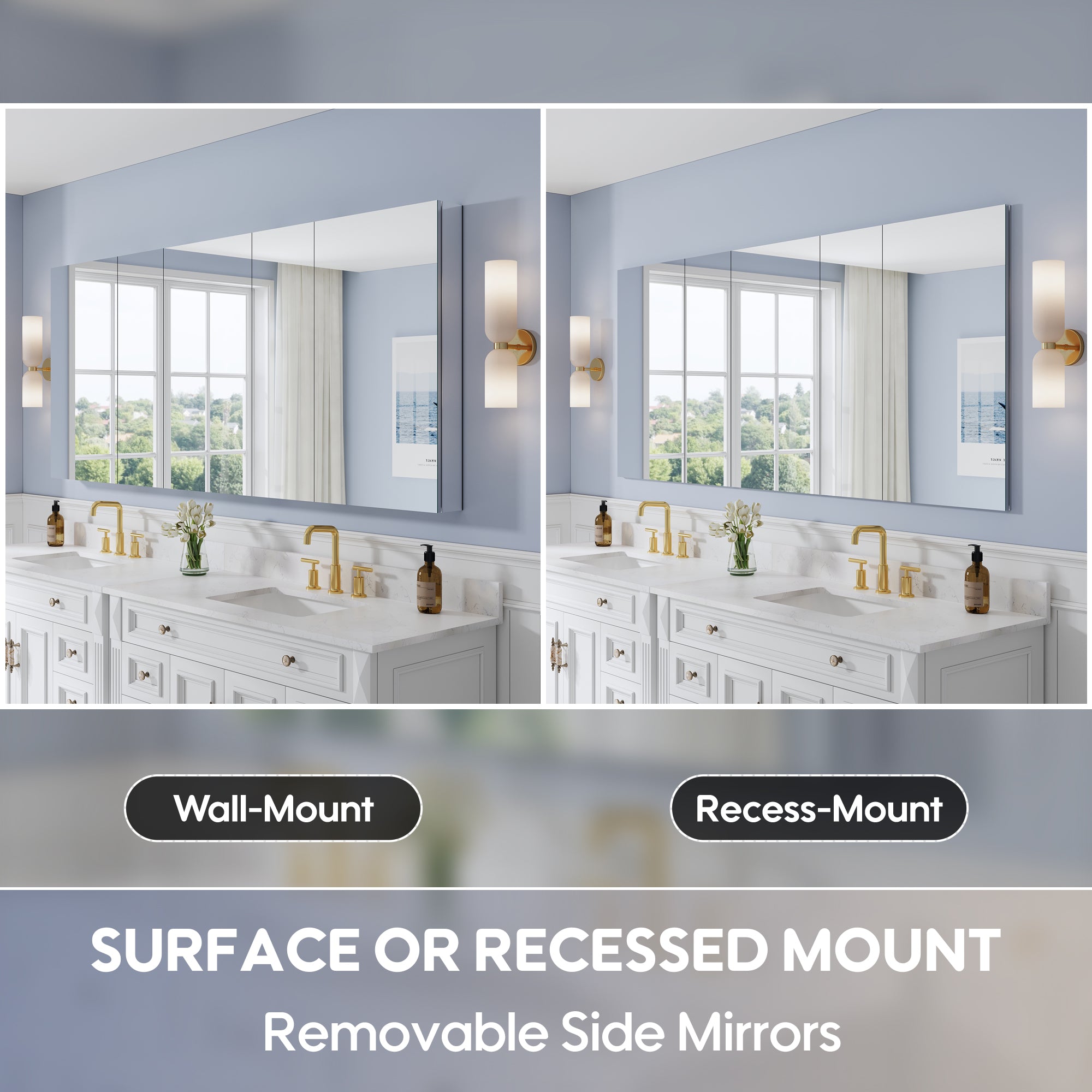 84 in. ×36 in. Copper-Free Tri-Views Mirror Medicine Cabinet with Adjustable Shelves and 5 Swing Doors