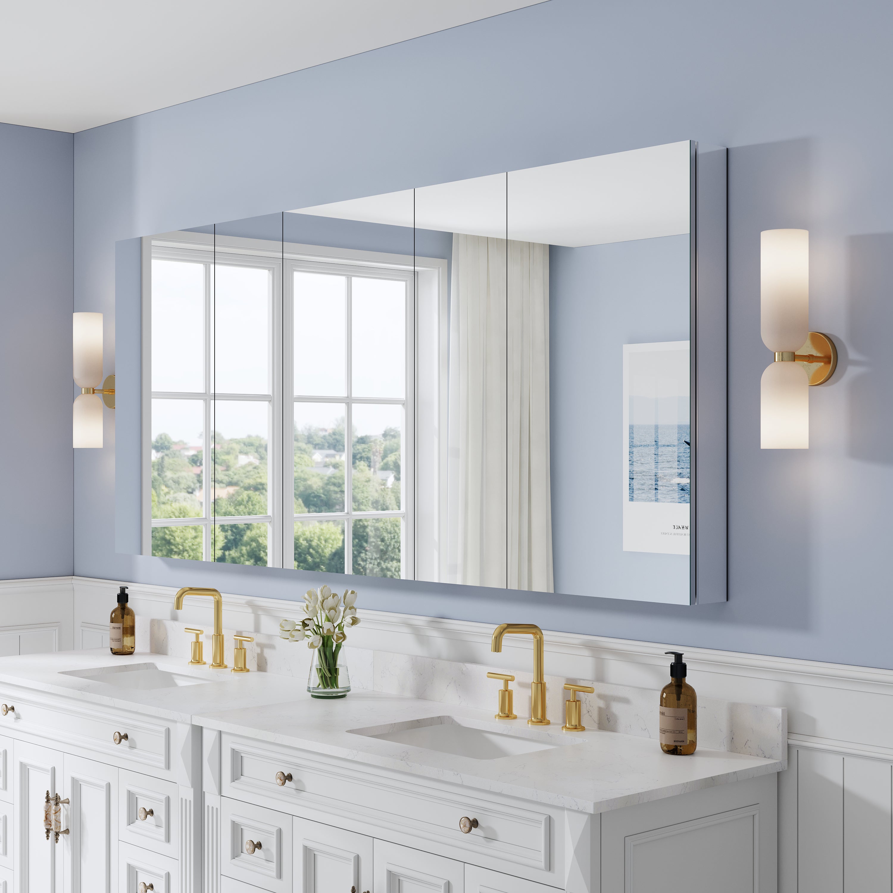 84 in. ×36 in. Copper-Free Tri-Views Mirror Medicine Cabinet with Adjustable Shelves and 5 Swing Doors